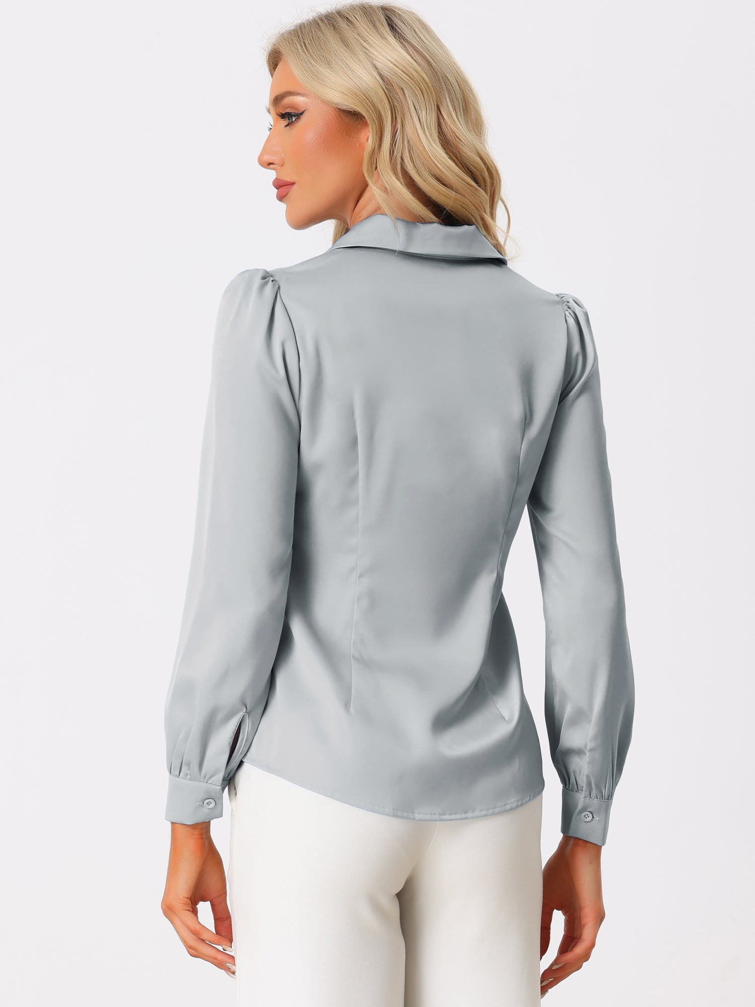 Elegant Collar Blouse Long Sleeve Work Office Satin Button Down Shirt