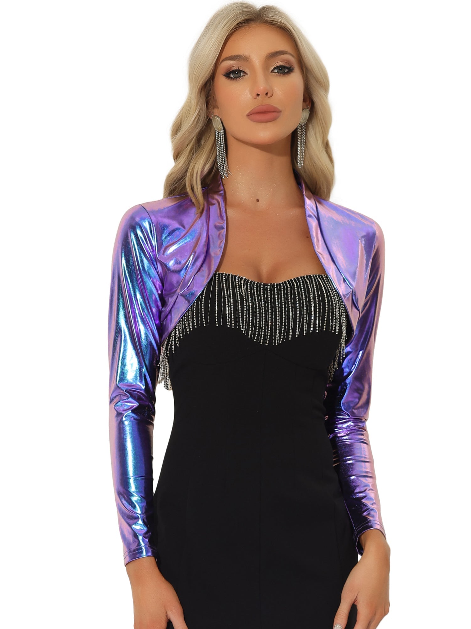 Women's Cropped Bolero Holographic Party Shimmering Shiny Lightweight Metallic Cardigan