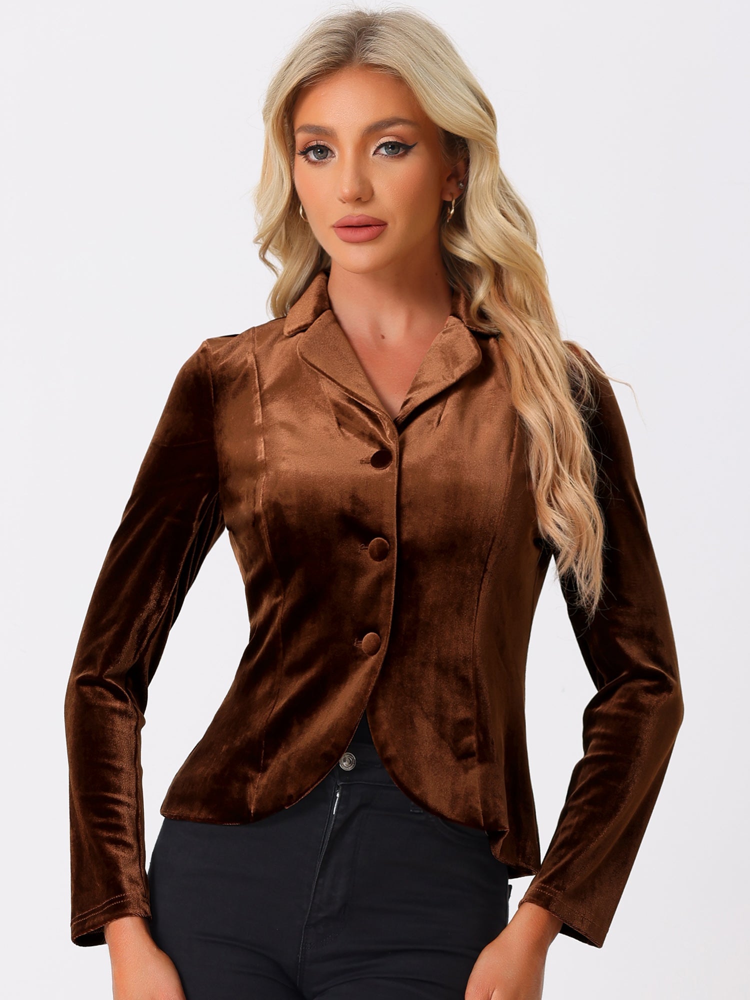 Notched Lapel Long Sleeve Office Business Button Velvet Blazer