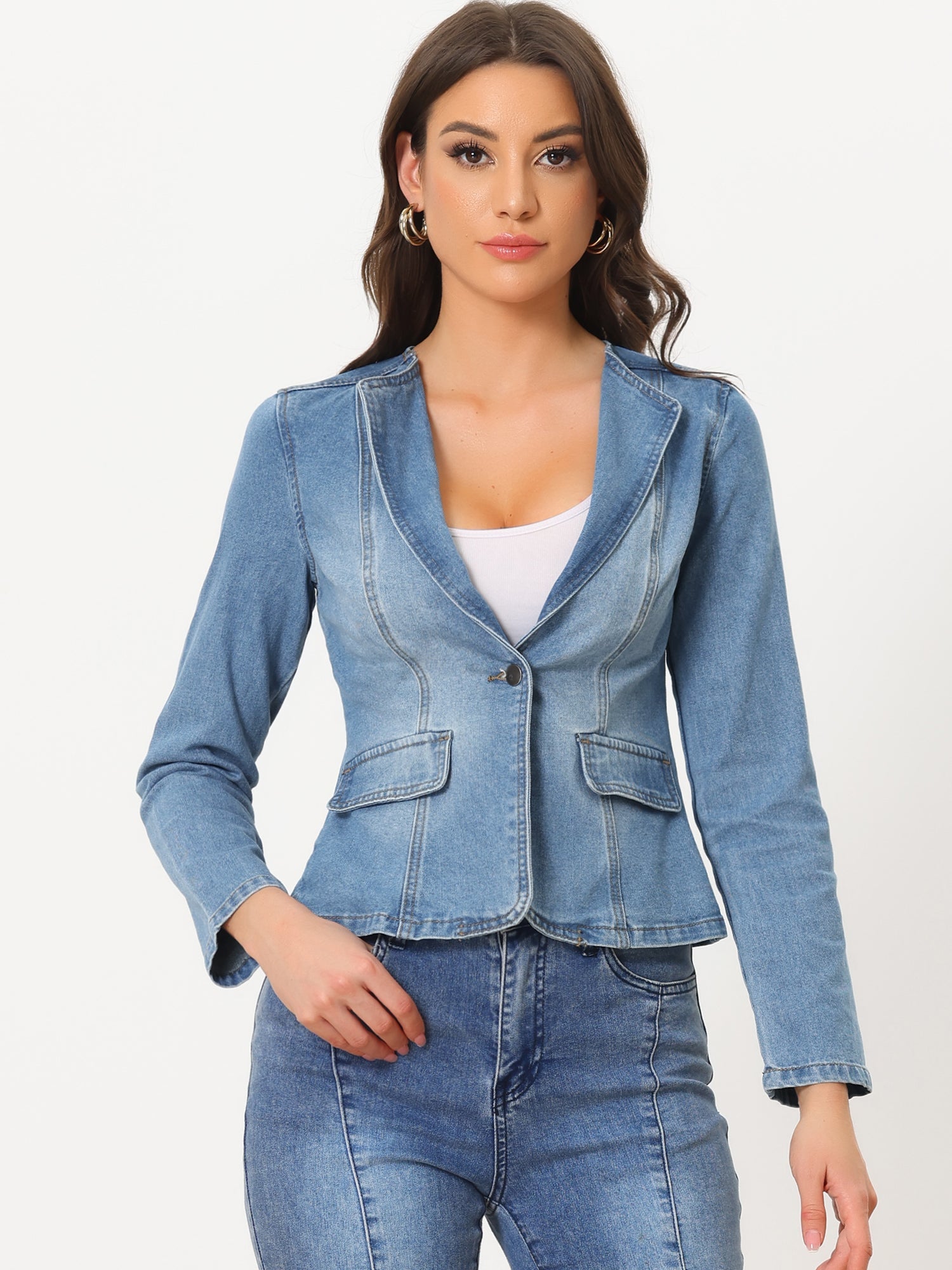 Lapel Collar Long Sleeve One Button Denim Blazer Jean Jacket