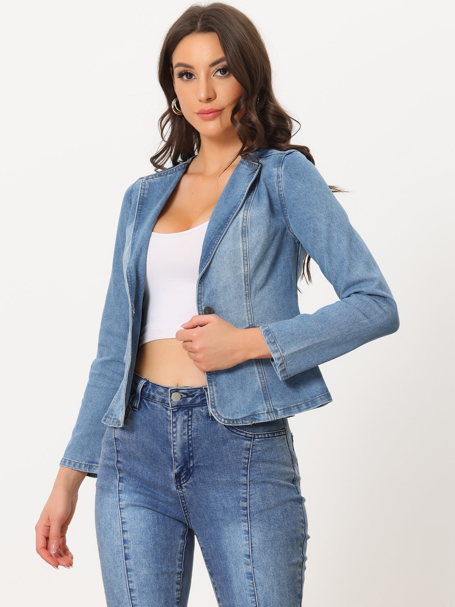 Lapel Collar Long Sleeve One Button Denim Blazer Jean Jacket