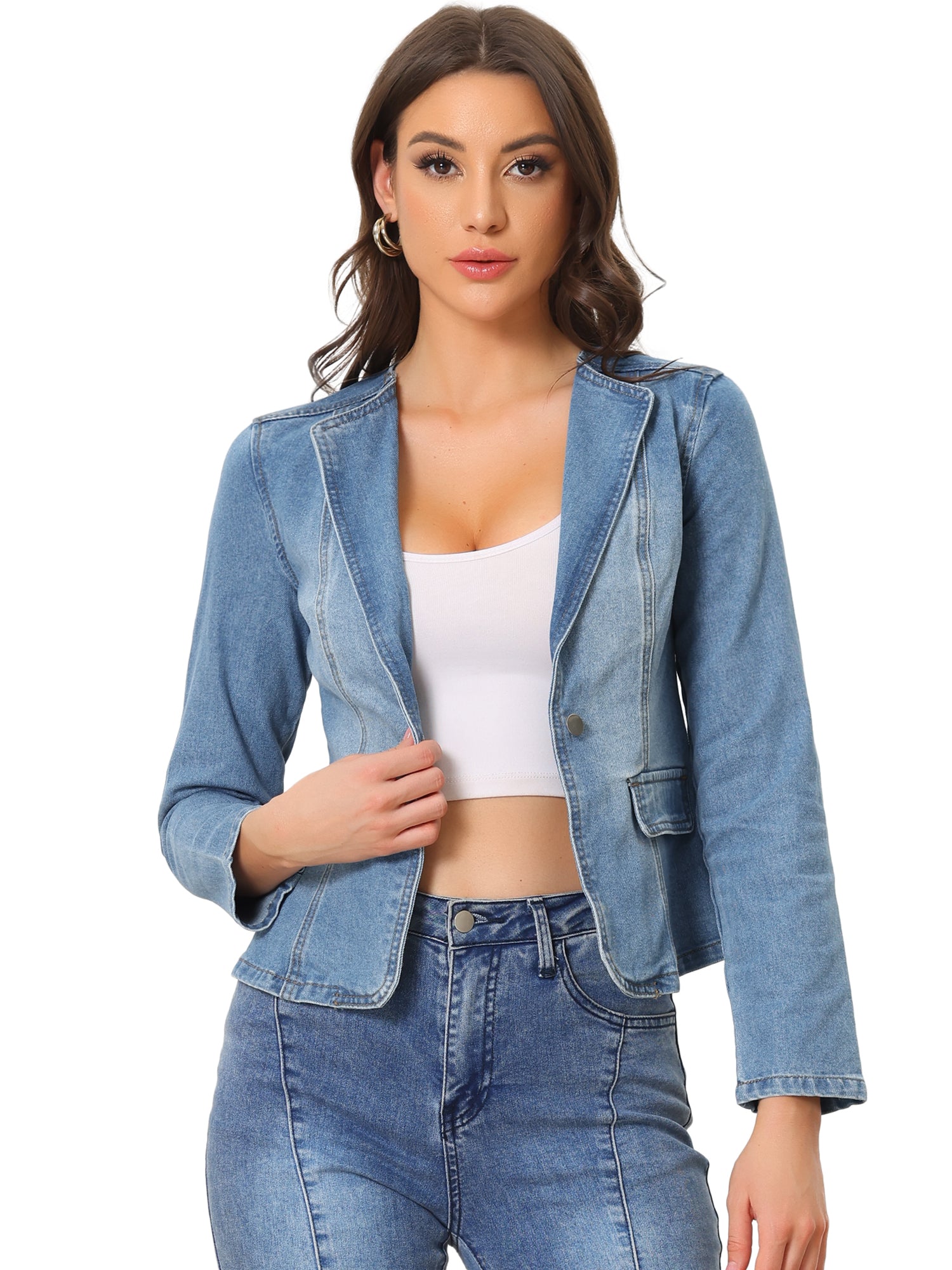 Lapel Collar Long Sleeve One Button Denim Blazer Jean Jacket