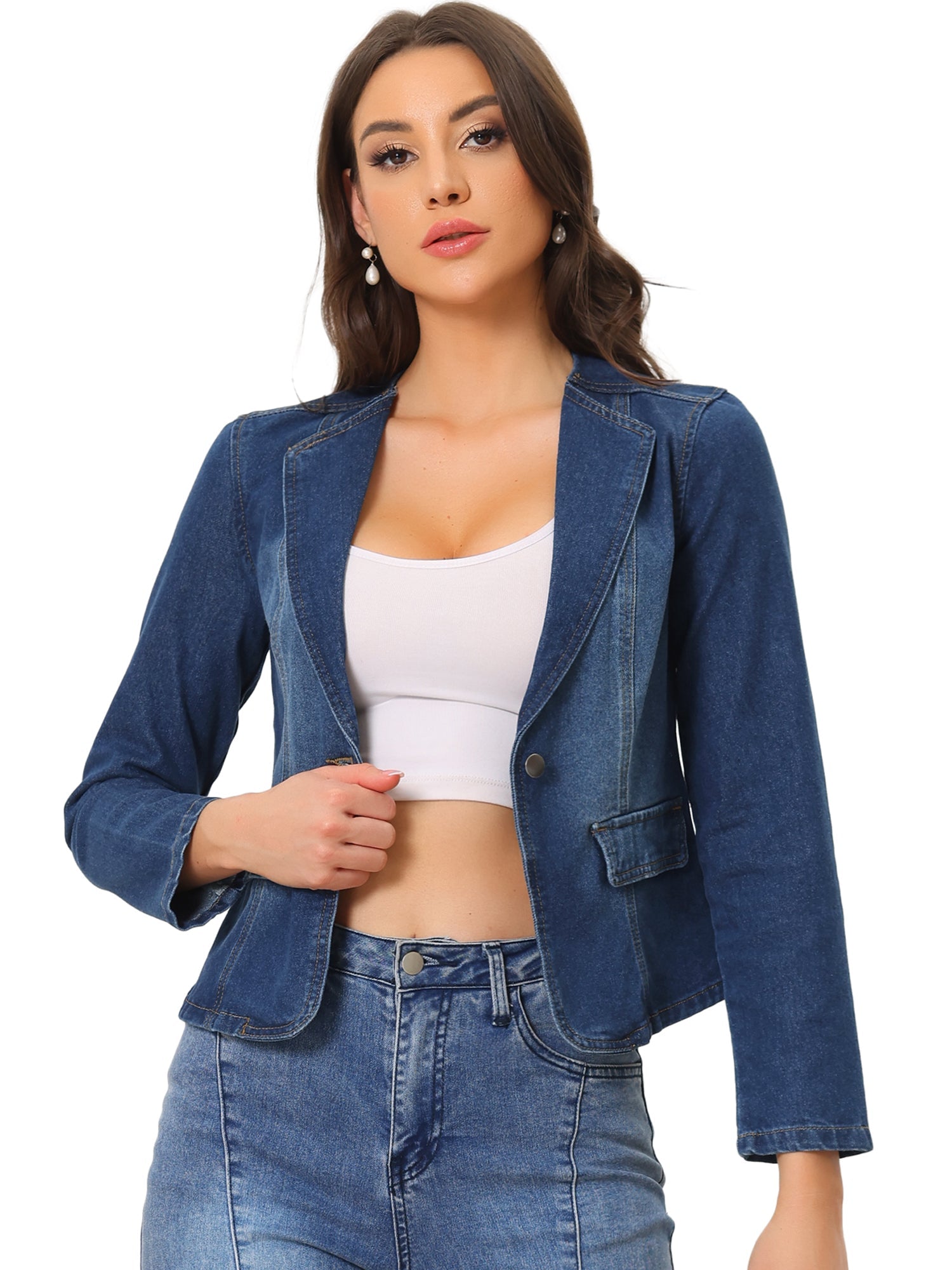 Lapel Collar Long Sleeve One Button Denim Blazer Jean Jacket