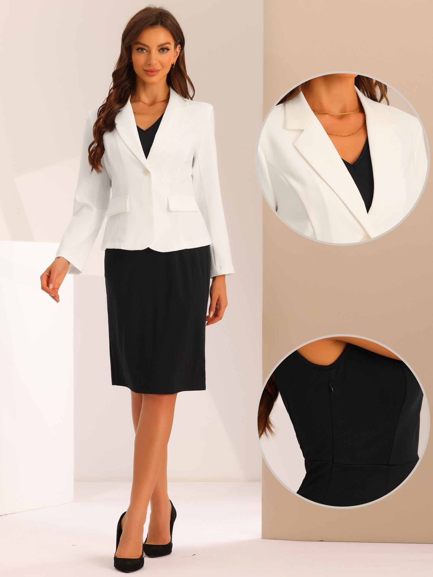 2pc Outfit Notched Lapel Blazer and Sleeveless Midi Sheath Dress Suit Sets
