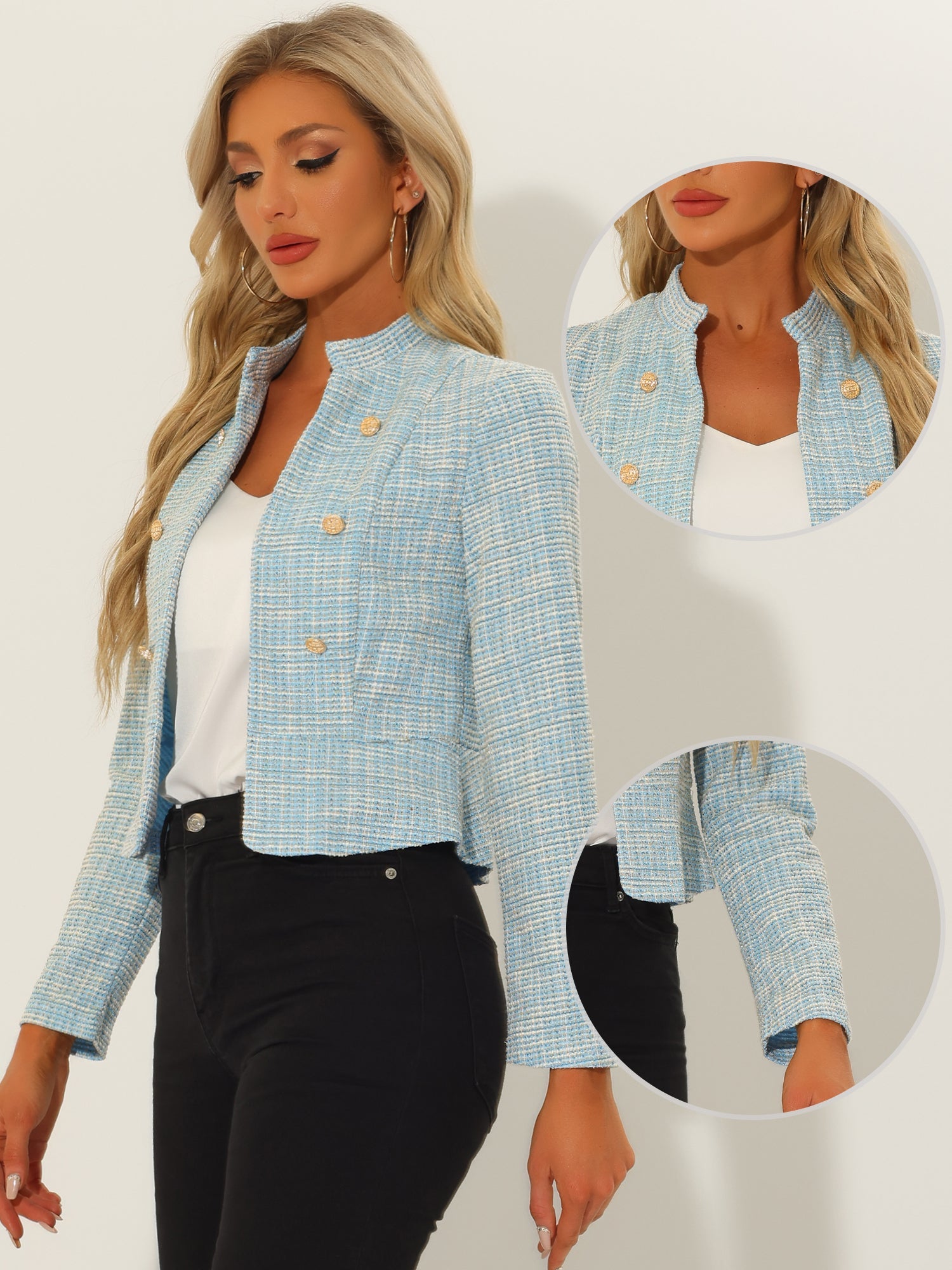 Vintage Tweed Plaid Slim Fit Work Office Cropped Jacket