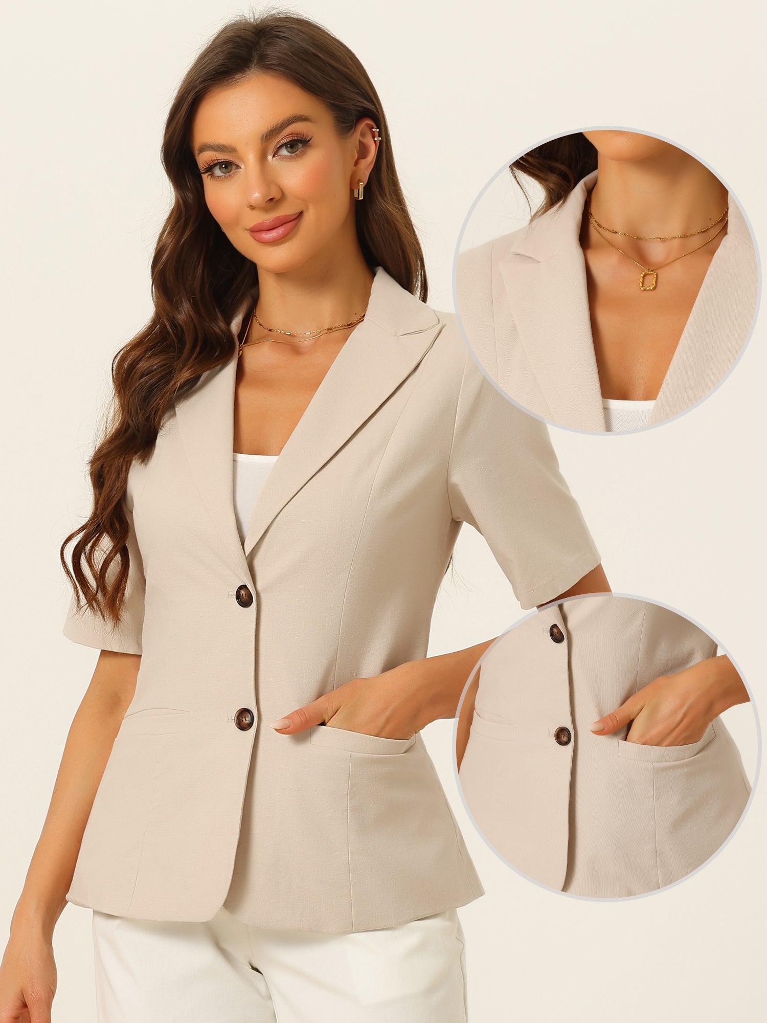 Cotton Linen Office Business Short Sleeve Notched Lapel Blazer Jacket