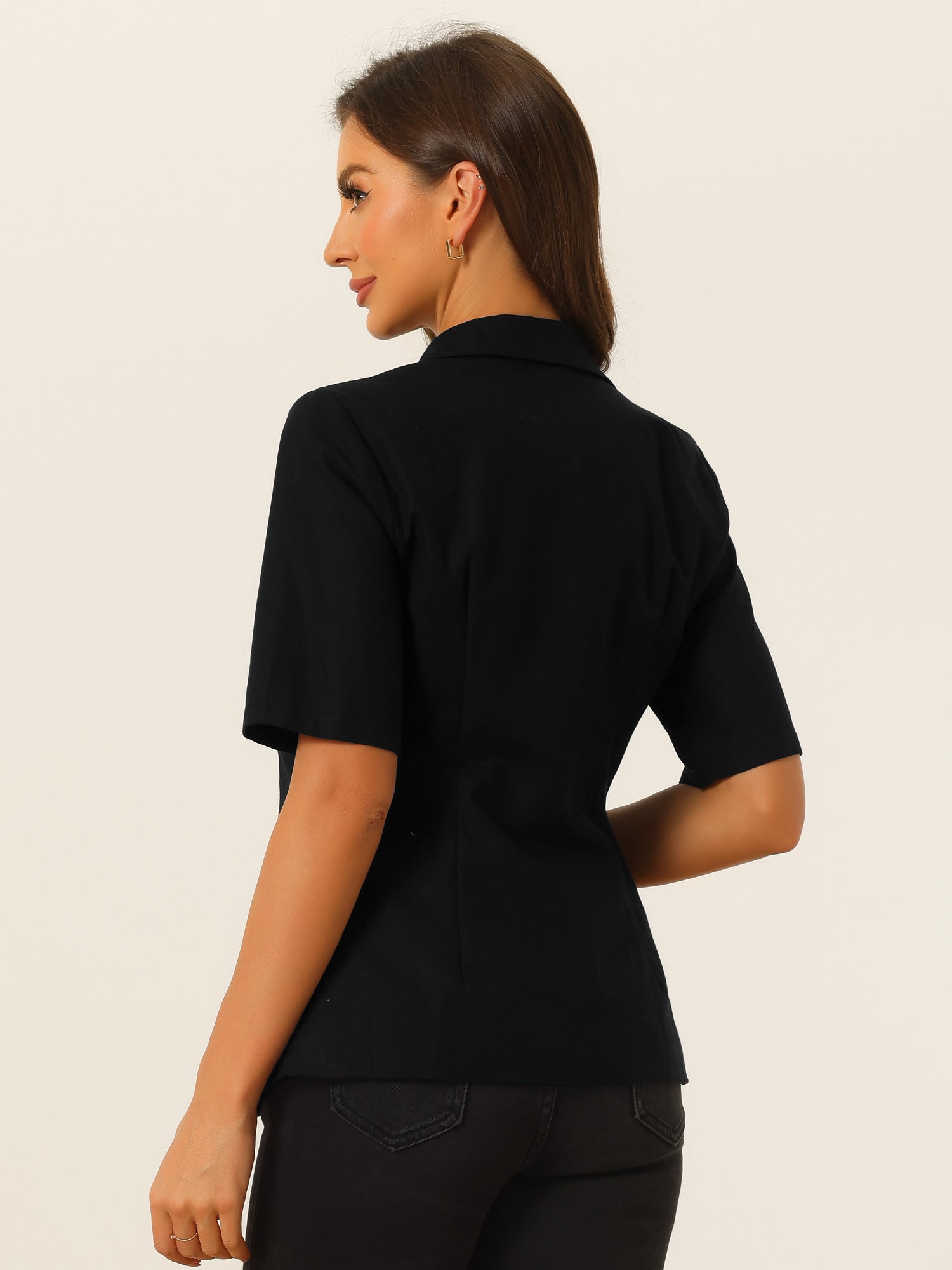 Cotton Linen Office Business Short Sleeve Notched Lapel Blazer Jacket