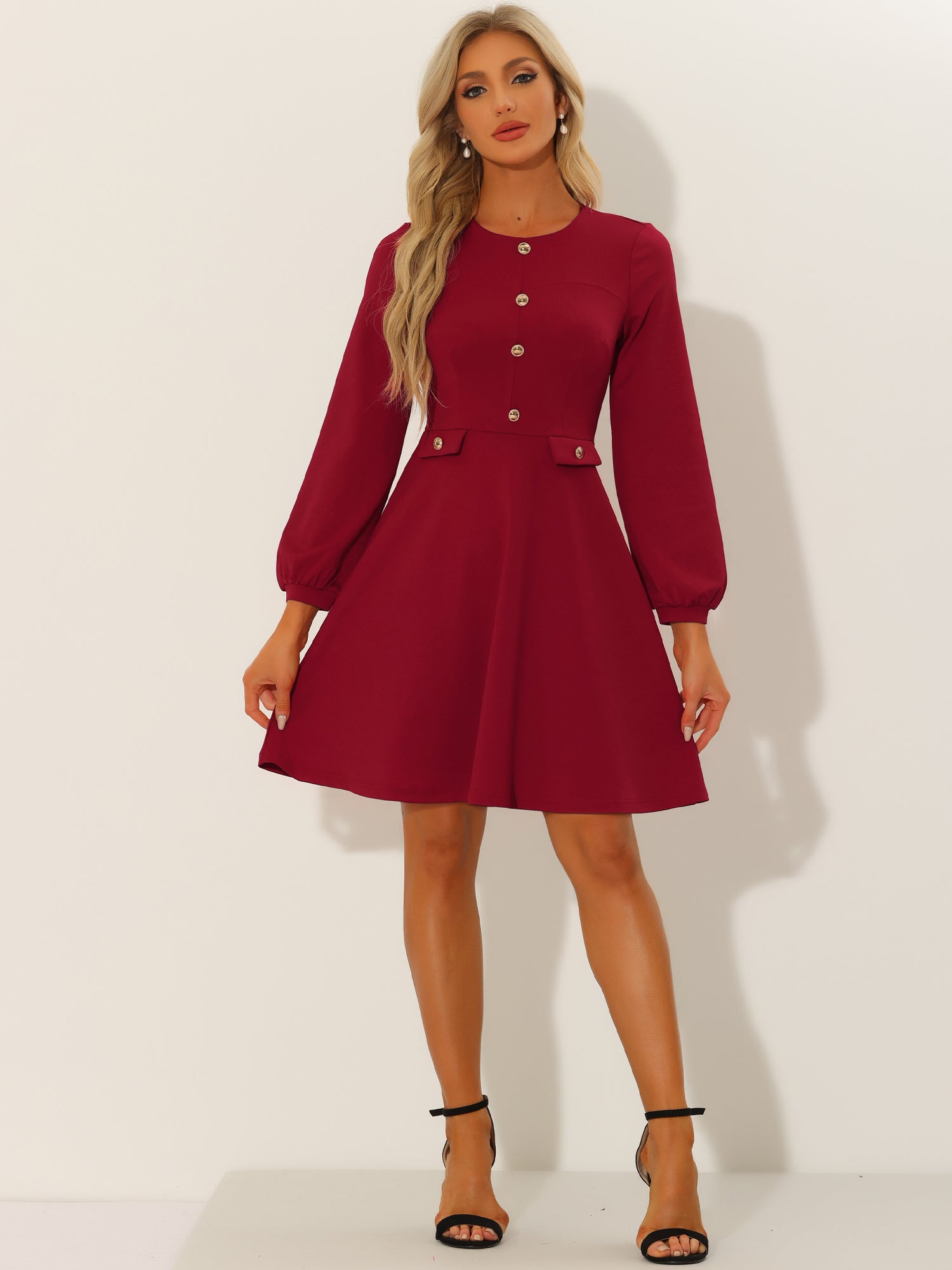 Crew Neck Office Contrast Button Decor Long Sleeve Dress
