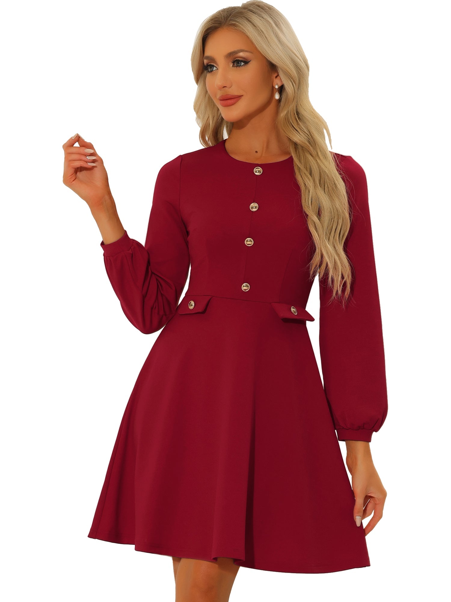 Crew Neck Office Contrast Button Decor Long Sleeve Dress