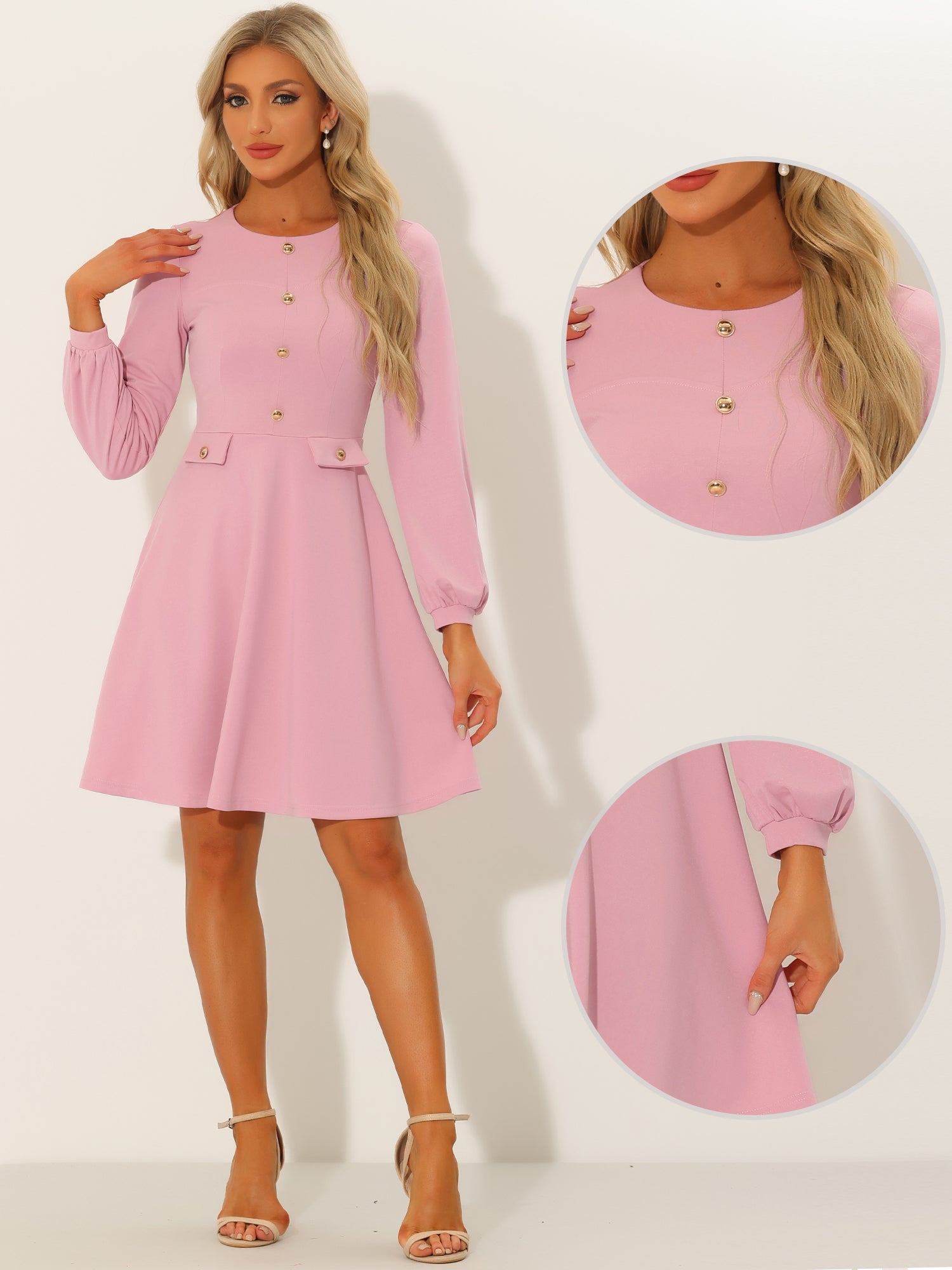 Crew Neck Office Contrast Button Decor Long Sleeve Dress