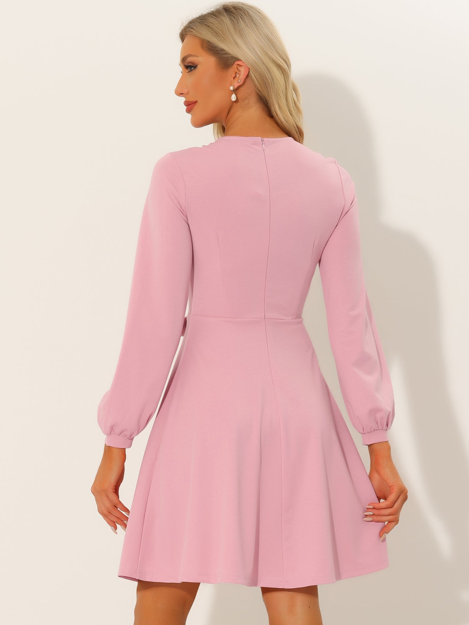 Crew Neck Office Contrast Button Decor Long Sleeve Dress