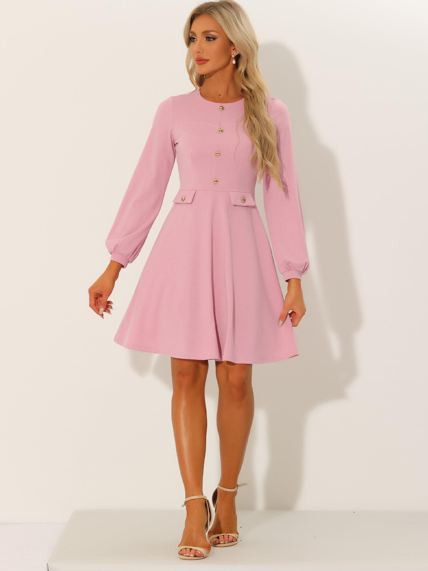 Crew Neck Office Contrast Button Decor Long Sleeve Dress