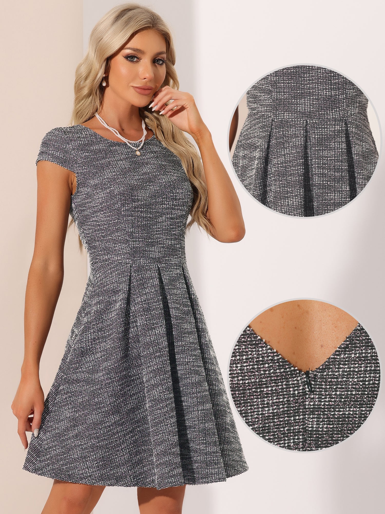 Plaid Tweed Round Neck Cap Sleeve A-Line Vintage Pleated Dress