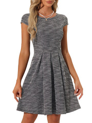 Plaid Tweed Round Neck Cap Sleeve A-Line Vintage Pleated Dress