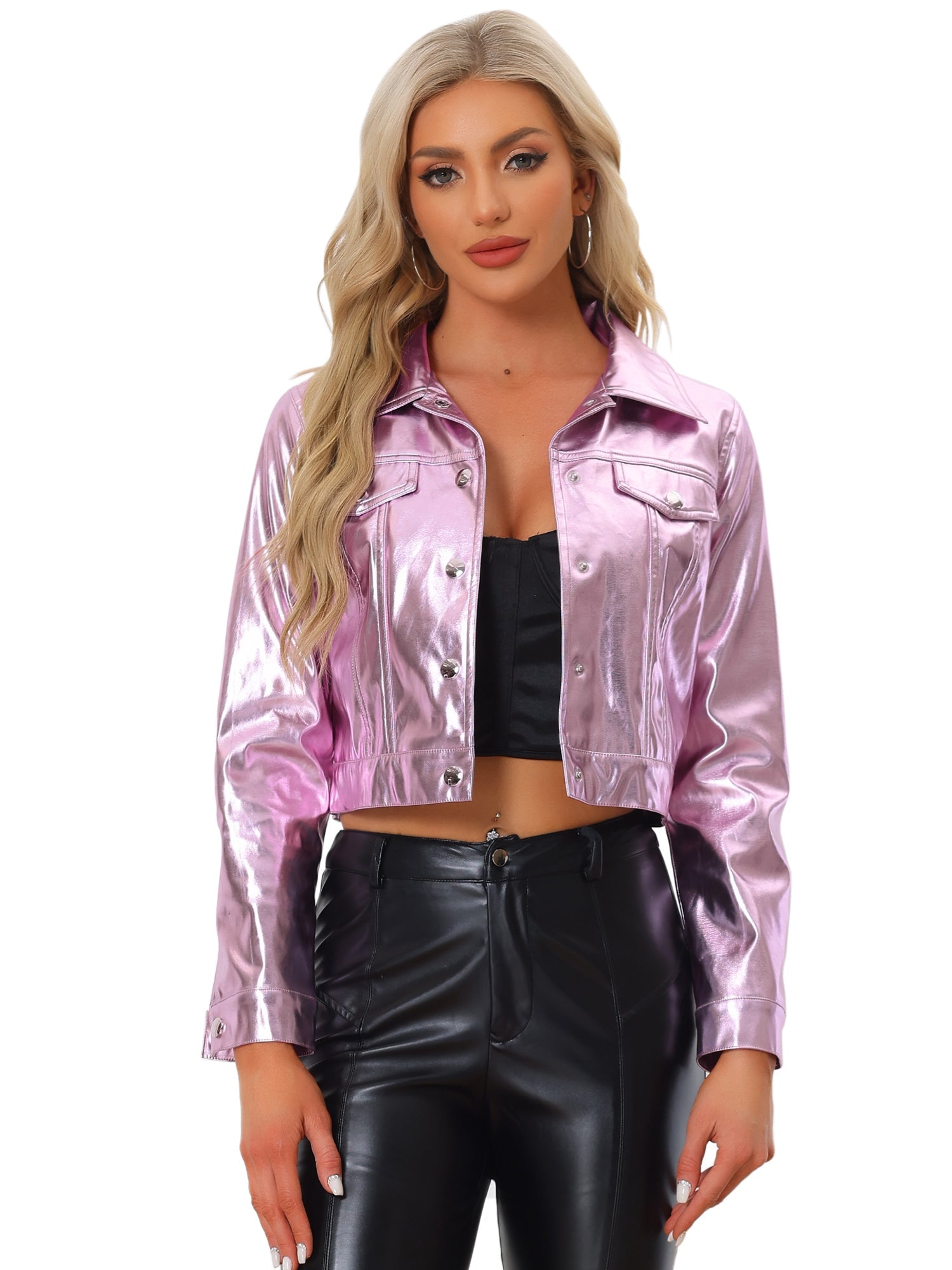 Metallic Biker Holographic Button Down Shiny Jacket