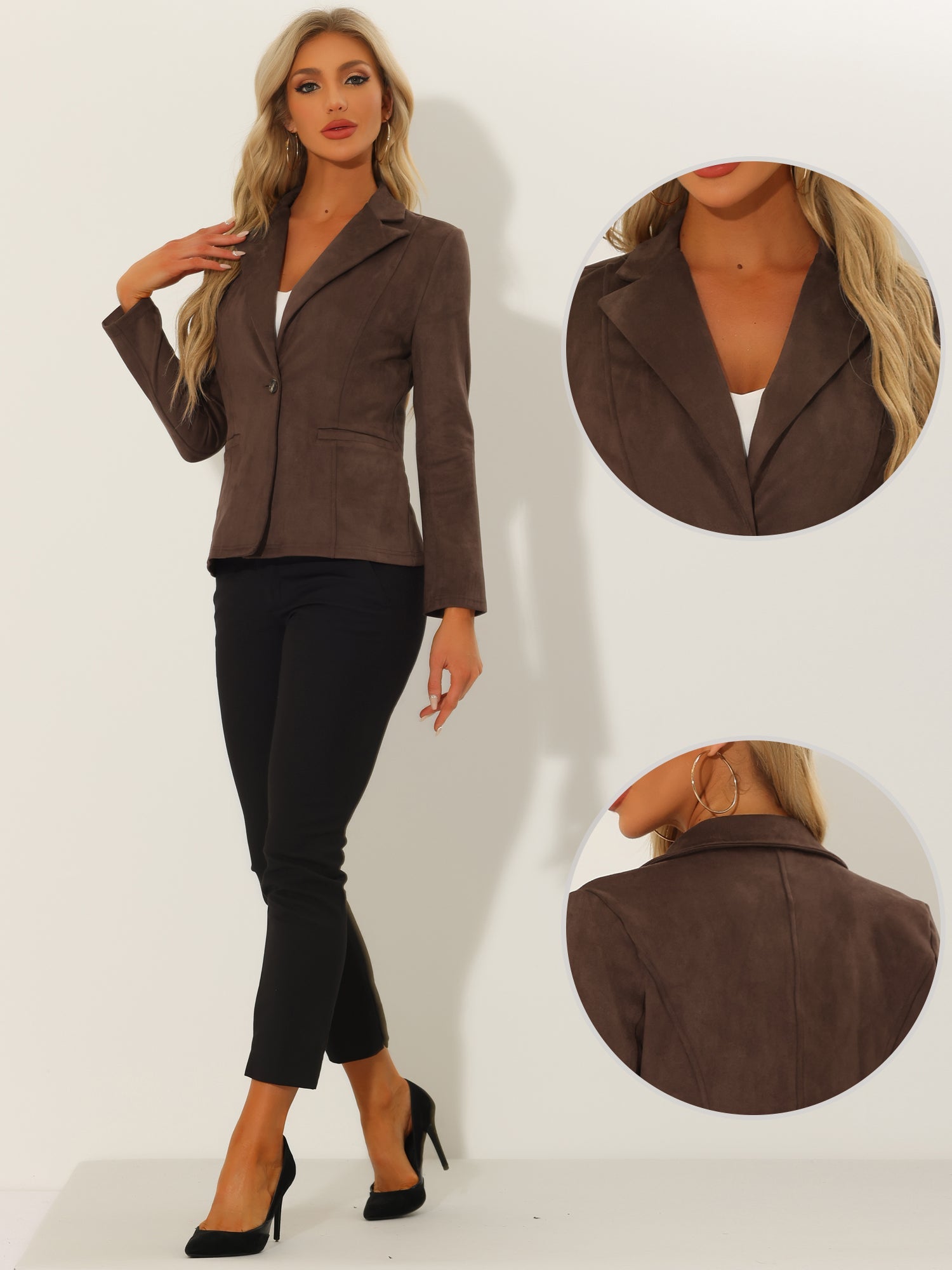 Faux Suede Lapel Collar Long Sleeve Casual Work Office Jacket