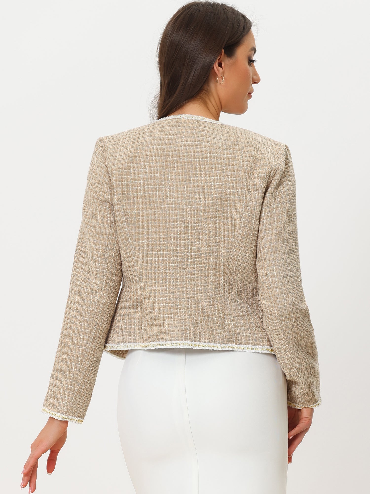 Plaid Tweed Long Sleeve Open Front Work Office Cropped Jacket Blazer