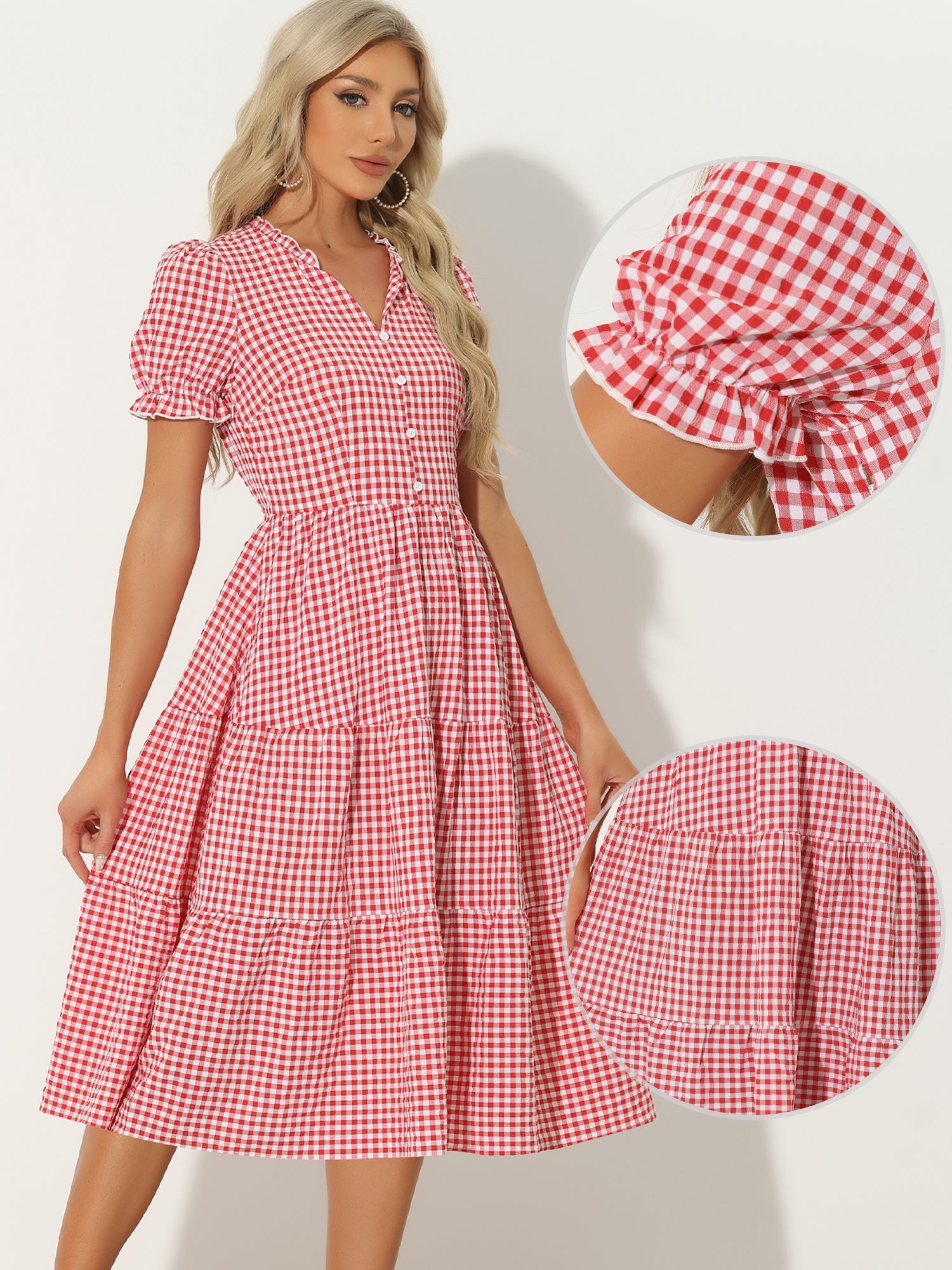 Ruffle Trim V Neck Button Decor Plaid Gingham Tiered Midi Dress