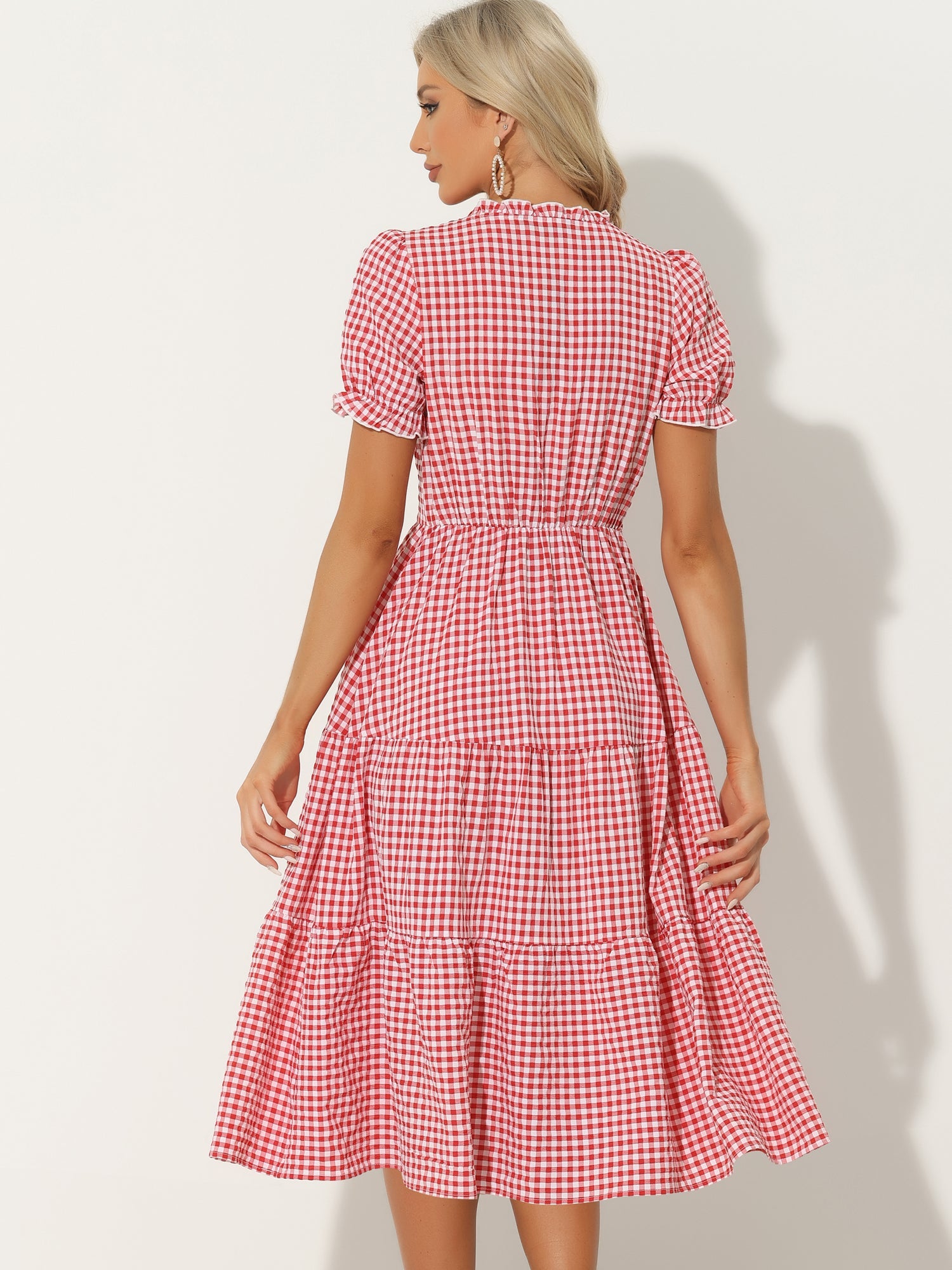 Ruffle Trim V Neck Button Decor Plaid Gingham Tiered Midi Dress