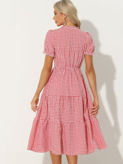 Ruffle Trim V Neck Button Decor Plaid Gingham Tiered Midi Dress