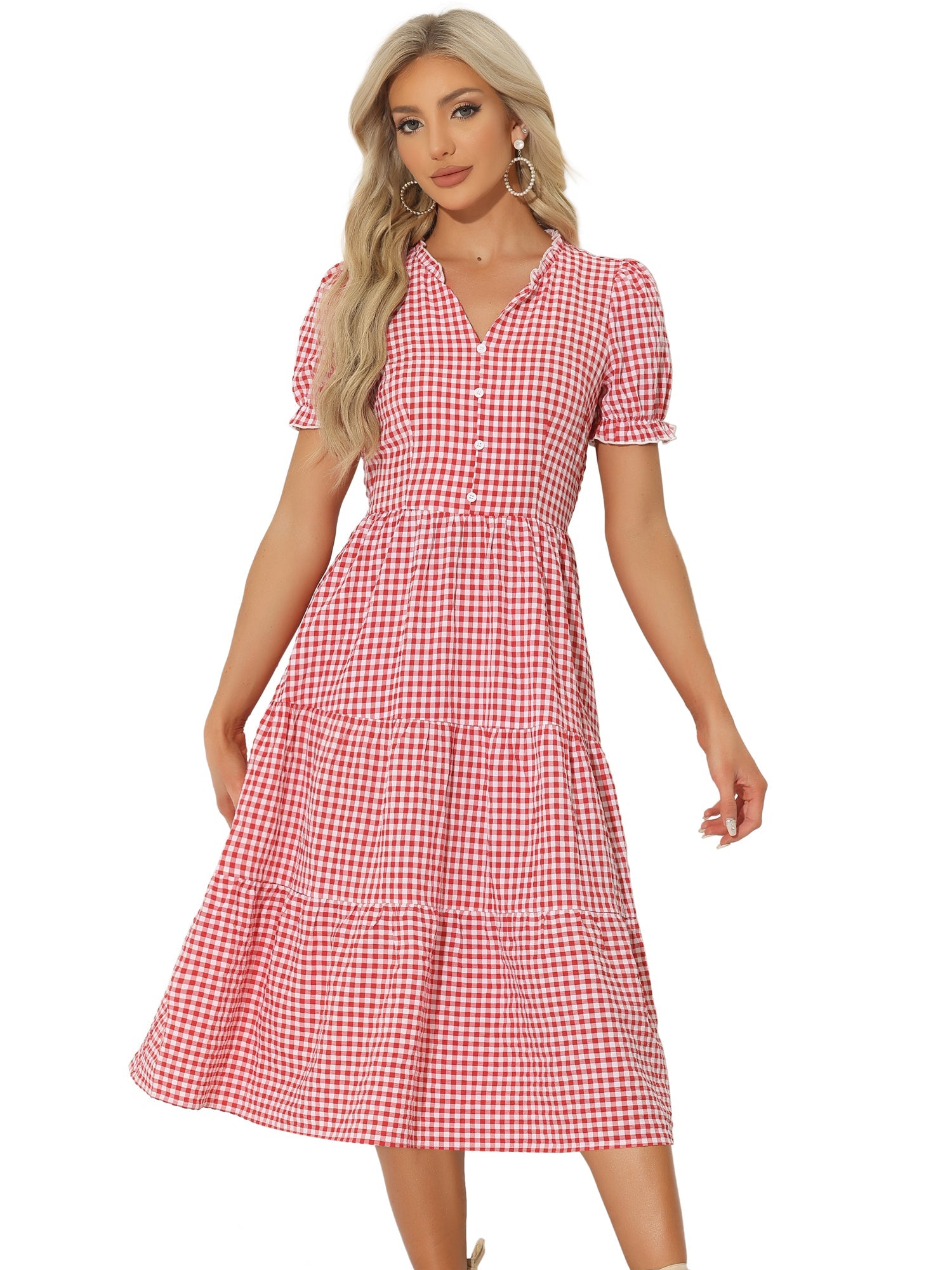 Ruffle Trim V Neck Button Decor Plaid Gingham Tiered Midi Dress