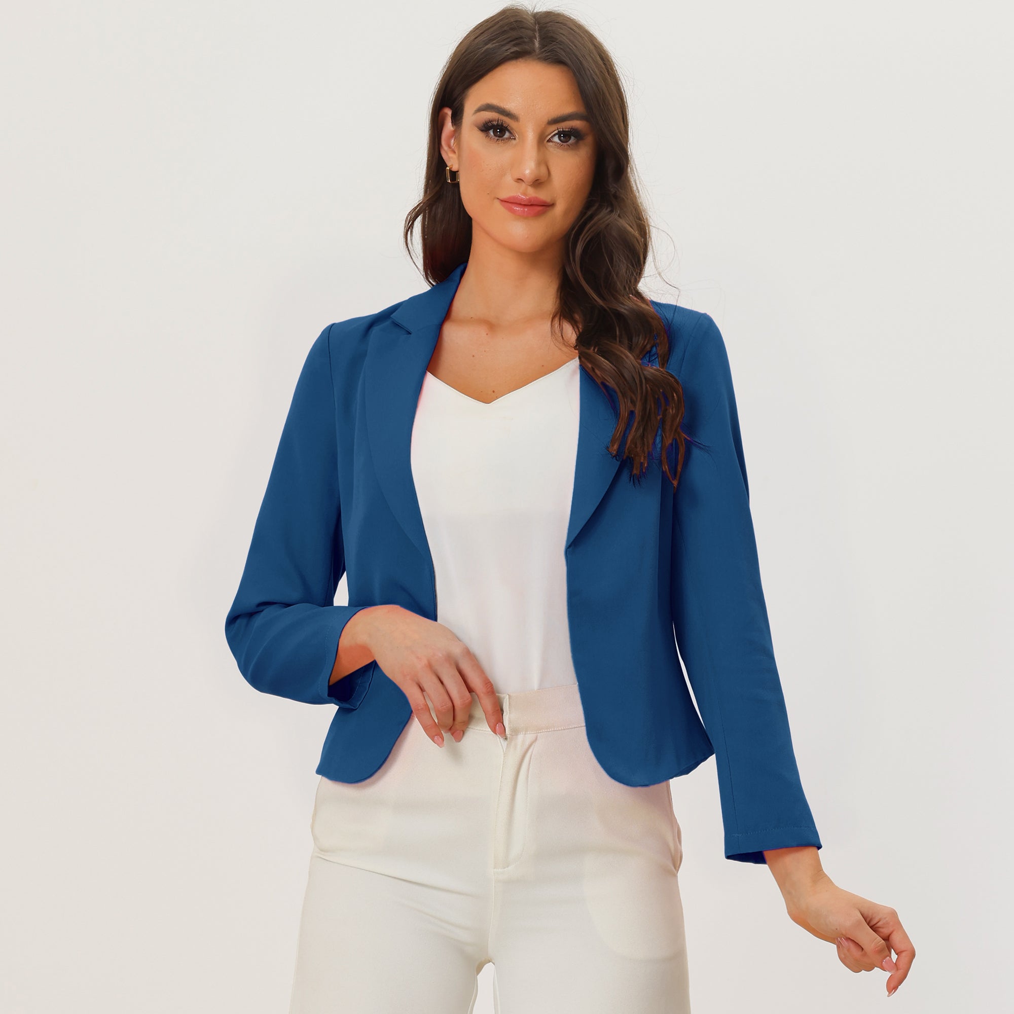Notched Lapel Long Sleeves Solid Color Open Front Cropped Blazer