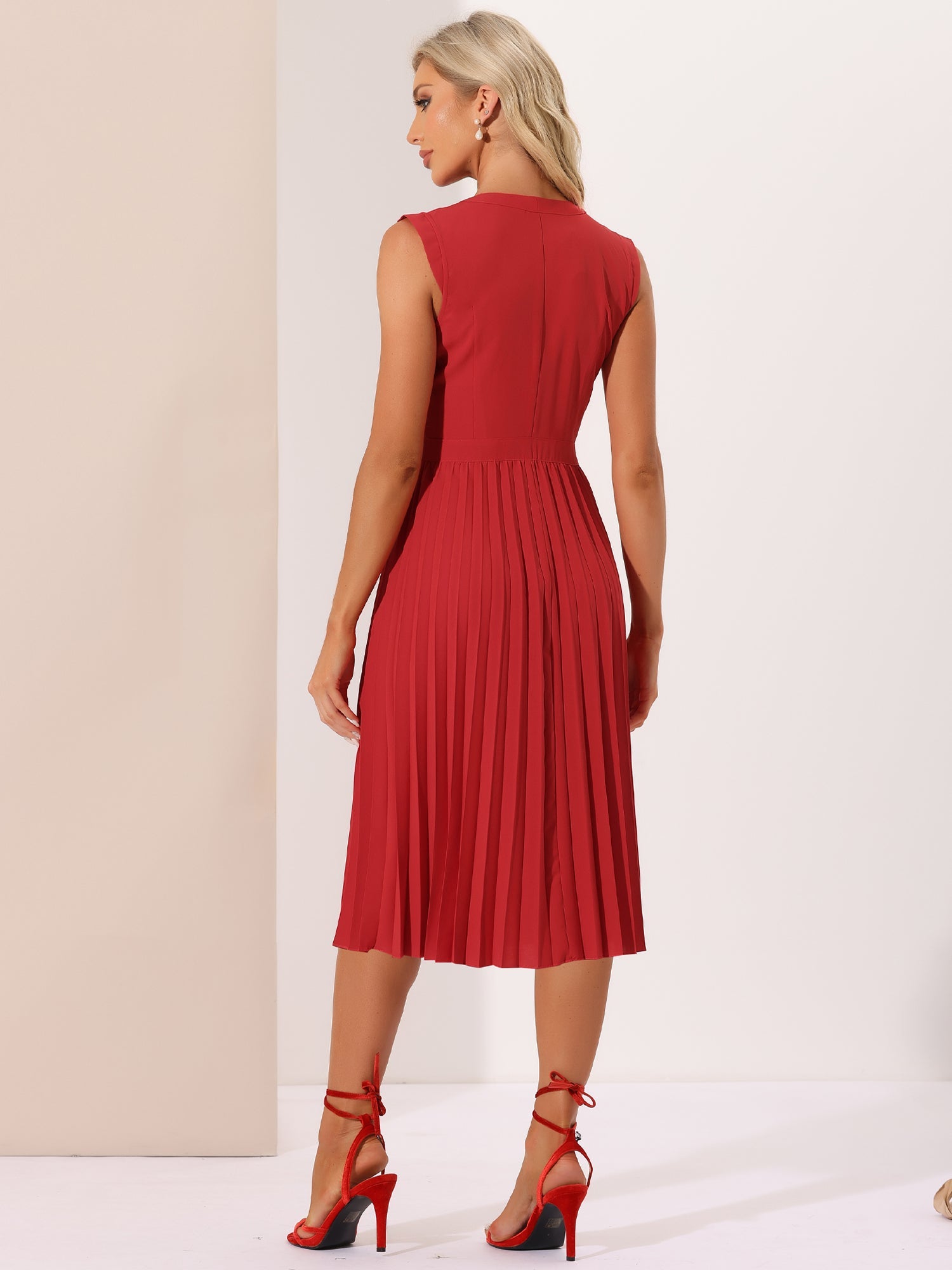 Sleeveless Dress Casual V Neck Button Pleated Midi Dress