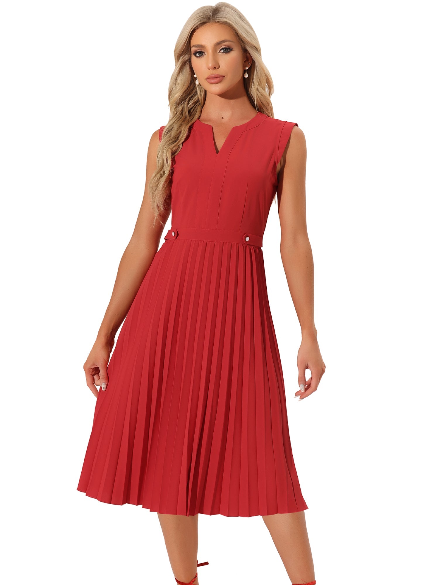 Sleeveless Dress Casual V Neck Button Pleated Midi Dress