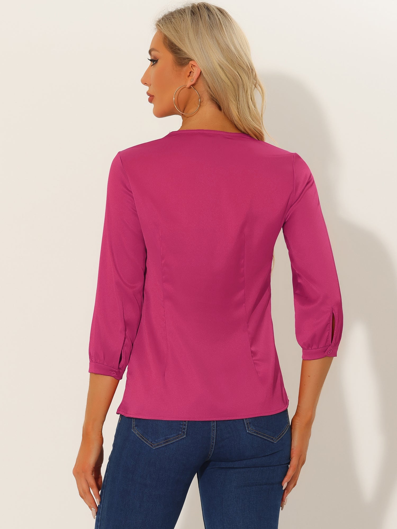 Casual Office Blouse 3/4 Sleeve V Neck Satin Shirt