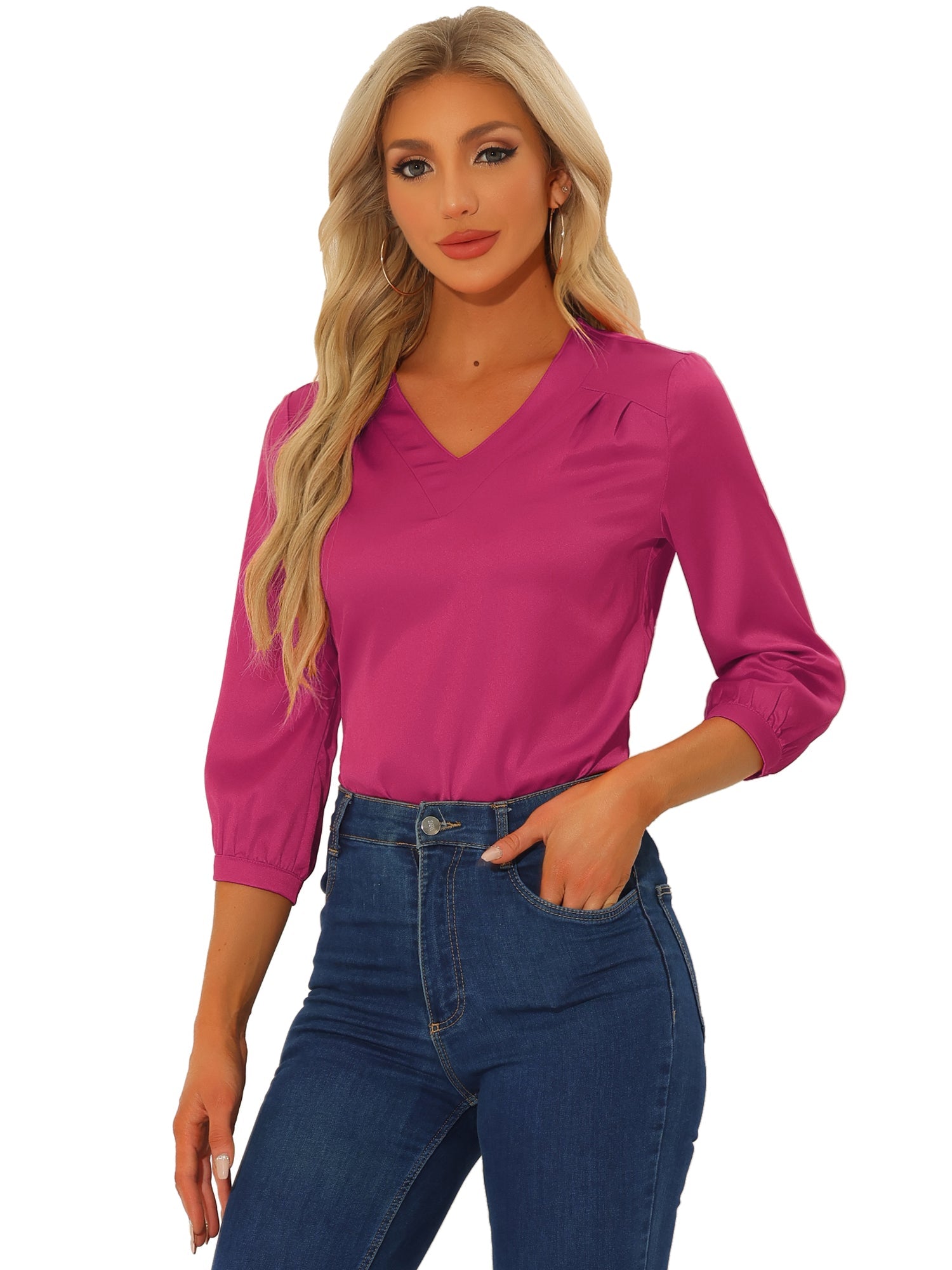 Casual Office Blouse 3/4 Sleeve V Neck Satin Shirt