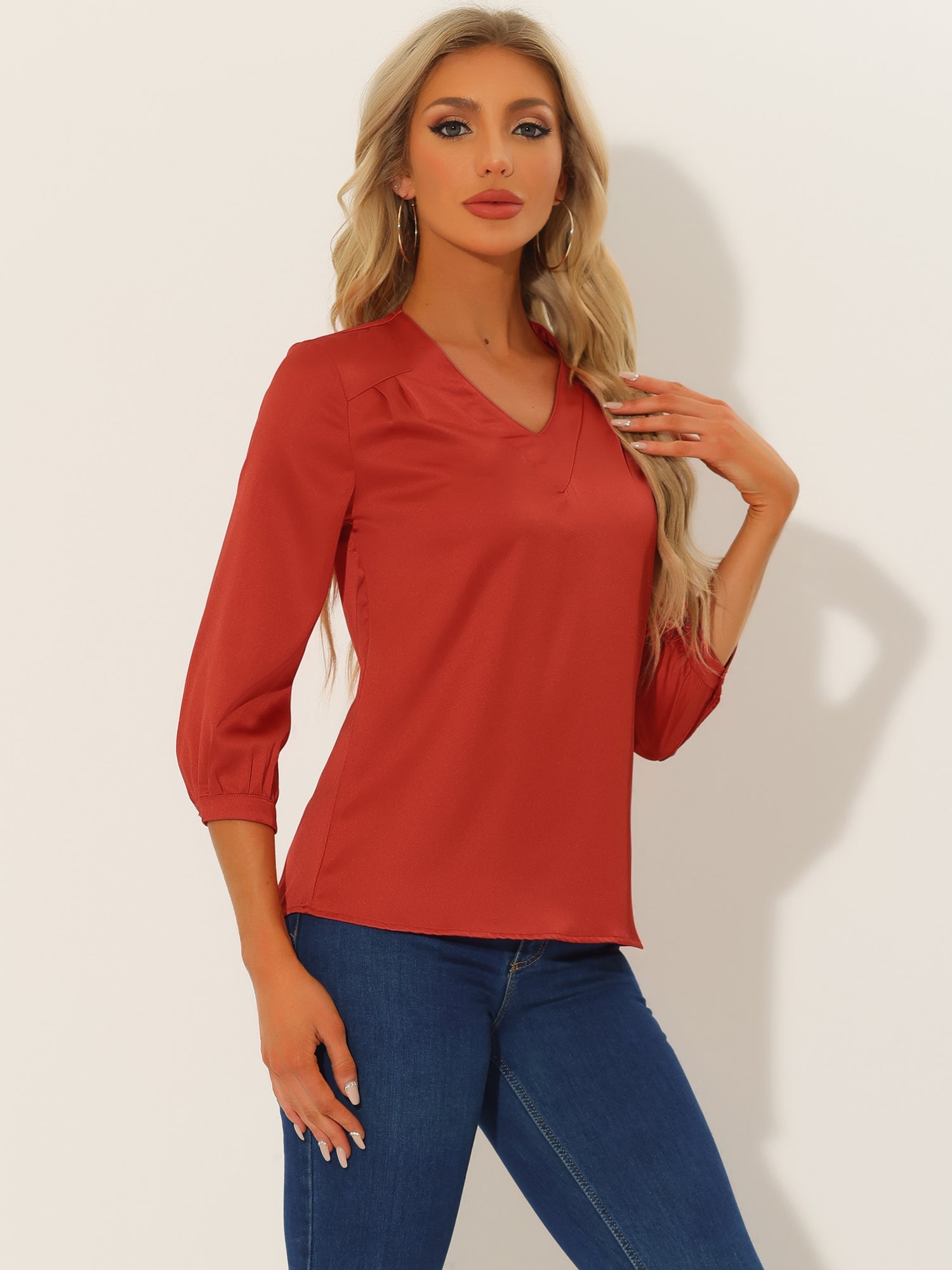 Casual Office Blouse 3/4 Sleeve V Neck Satin Shirt