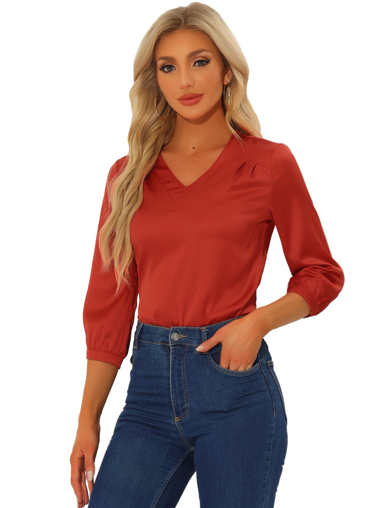 Casual Office Blouse 3/4 Sleeve V Neck Satin Shirt