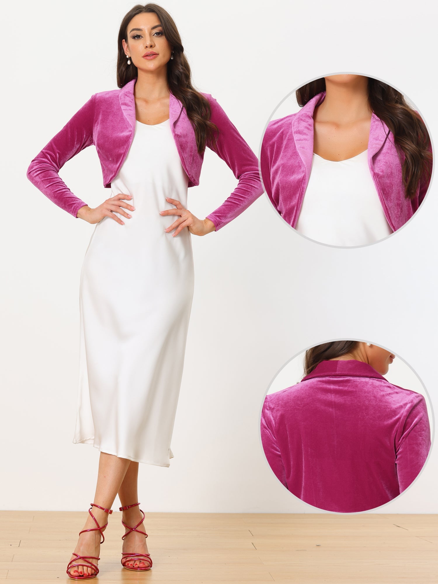 Long Sleeve Lapel Collar Velvet Open Front Cropped Bolero Shrugs