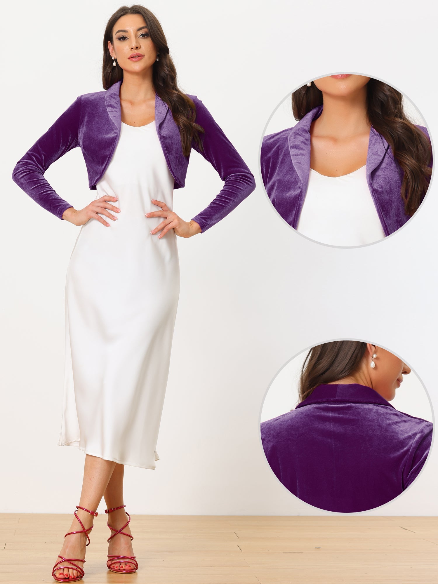 Long Sleeve Lapel Collar Velvet Open Front Cropped Bolero Shrugs