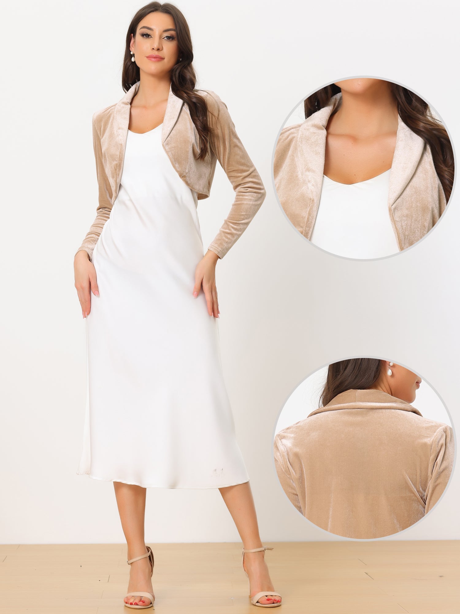 Long Sleeve Lapel Collar Velvet Open Front Cropped Bolero Shrugs