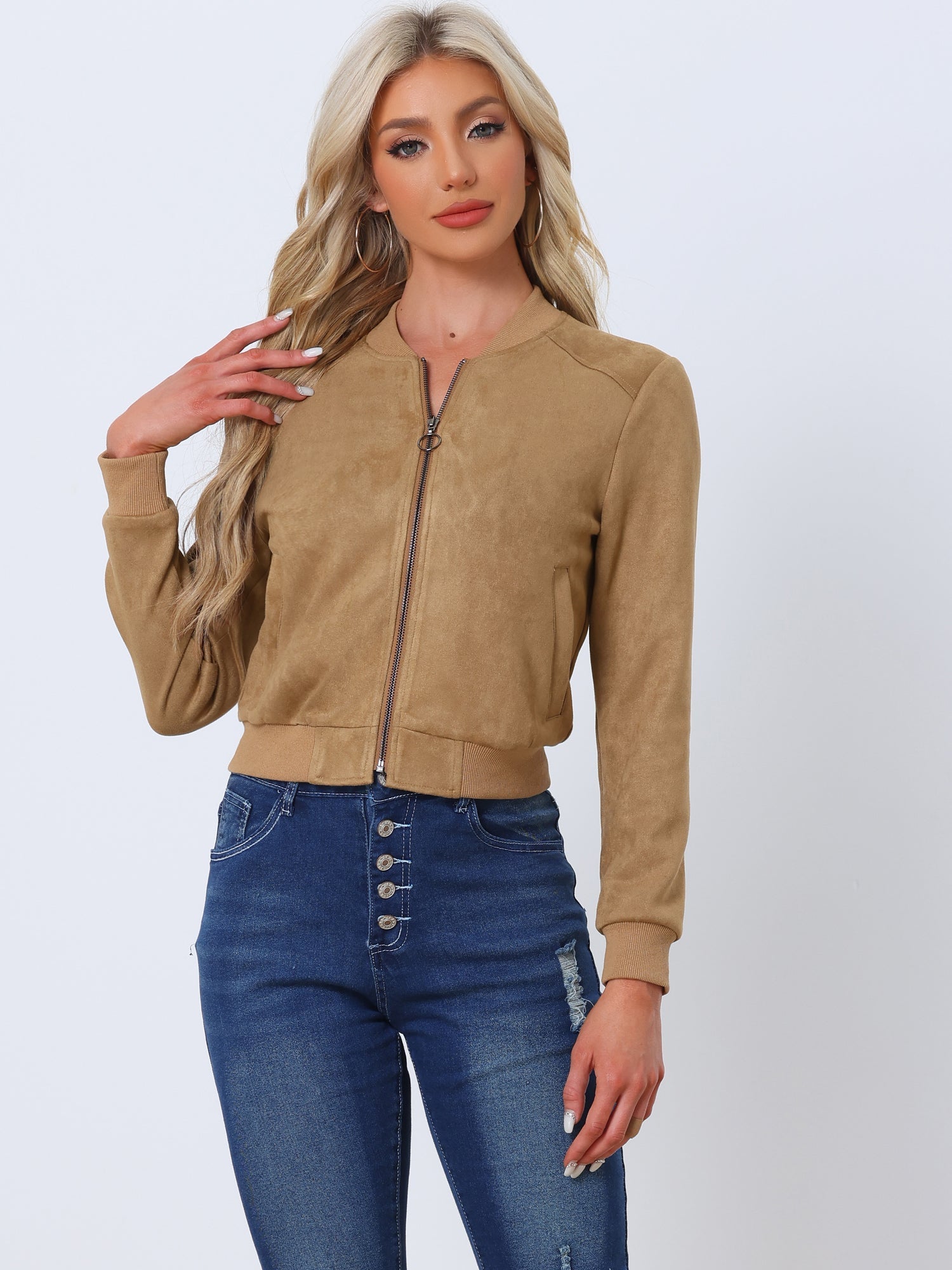 Faux Suede Crop Stand Collar Zip Up Biker Moto Bomber Jackets