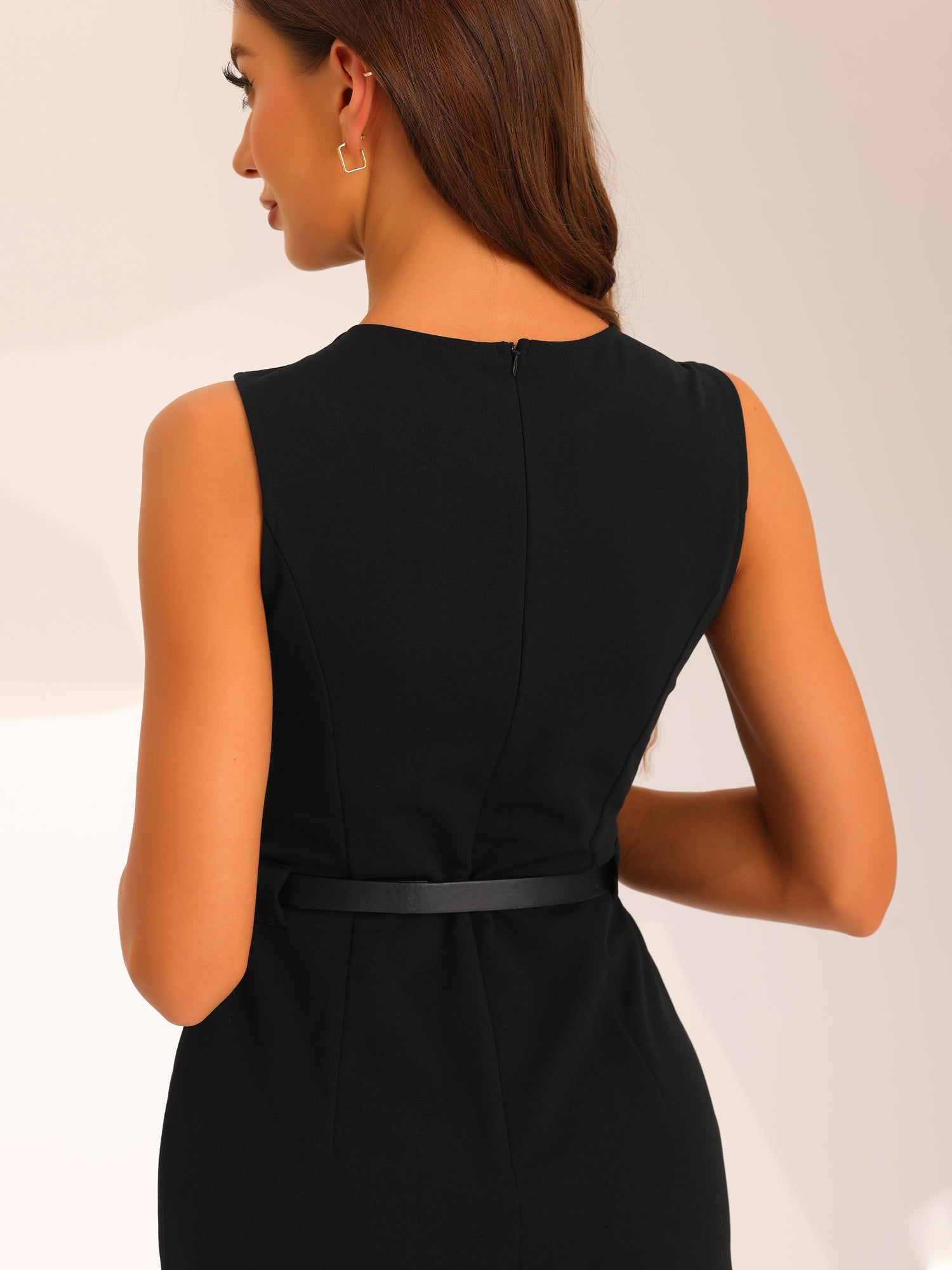 Belted Sheath Round Neck Sleeveless Casual Office Dress
