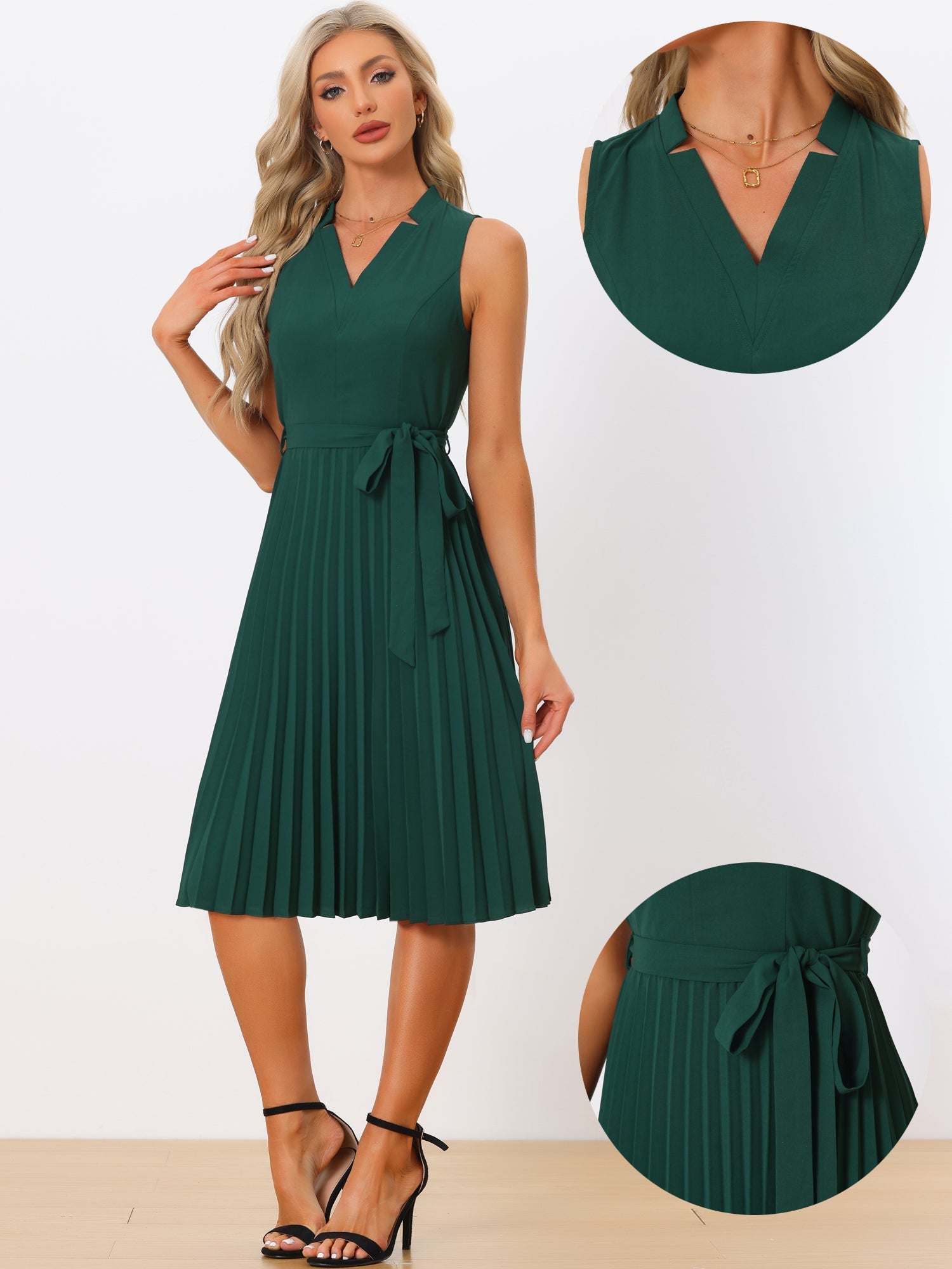 Sleeveless V Neck Belted A-line Midi Elegant Pleated Dress