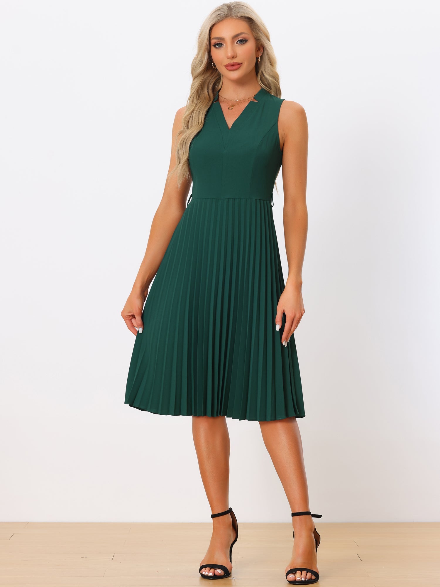 Sleeveless V Neck Belted A-line Midi Elegant Pleated Dress