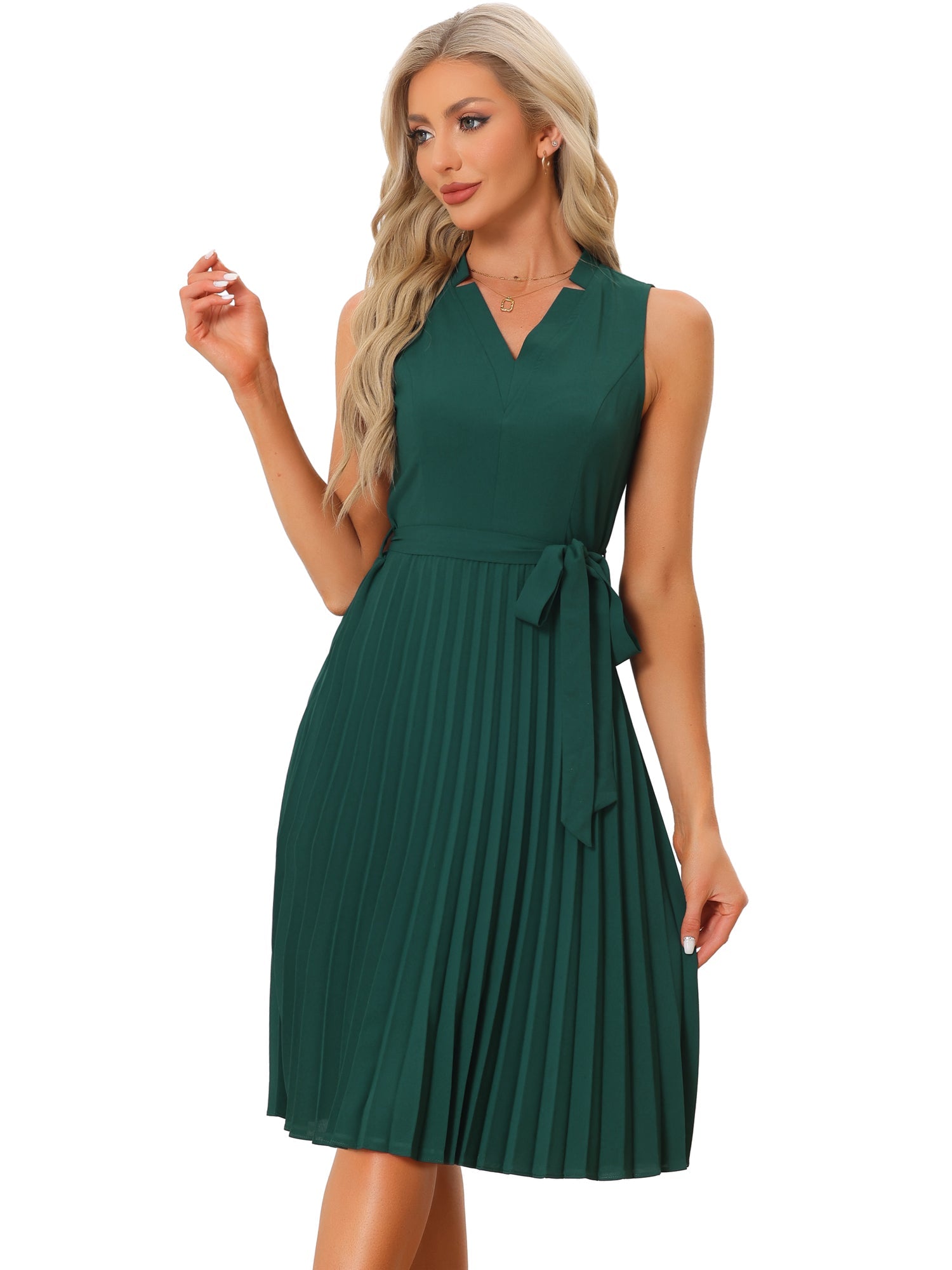 Sleeveless V Neck Belted A-line Midi Elegant Pleated Dress