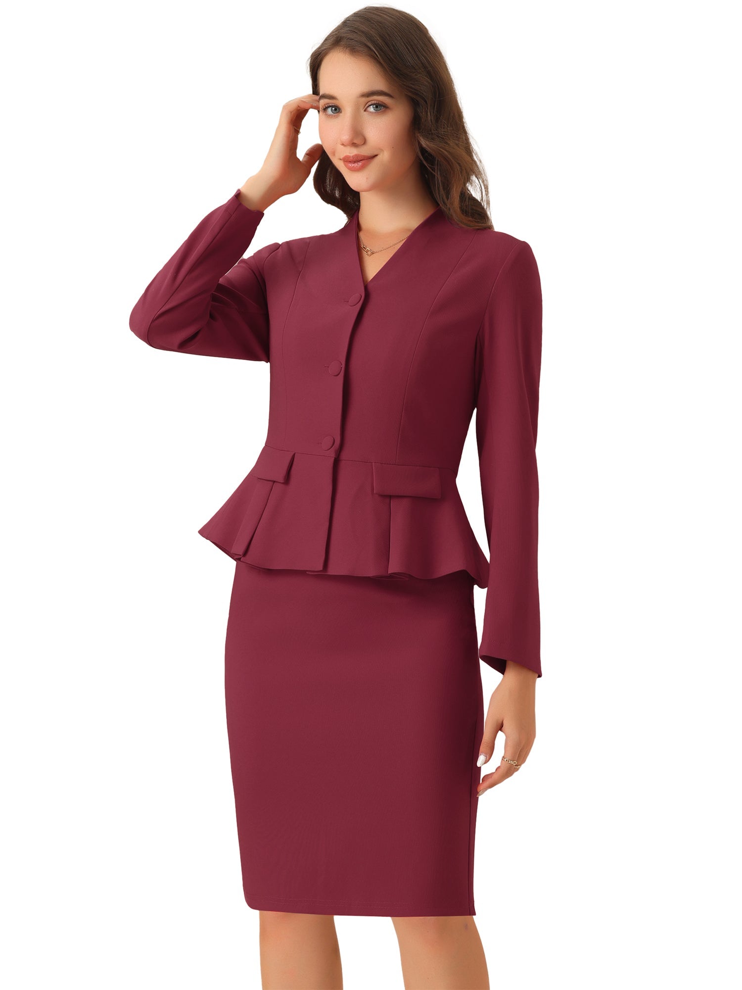 2 Piece Long Sleeve Collarless Peplum Blazer and Pencil Skirt Work Suit Set