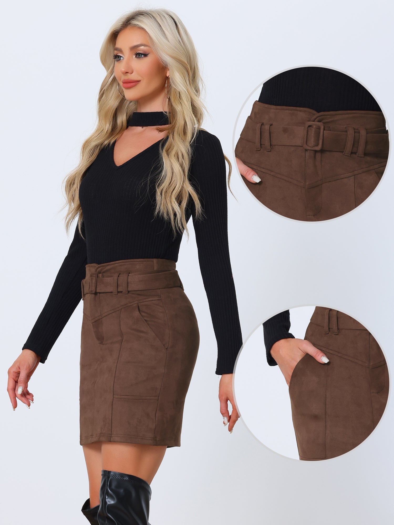 Faux Suede Casual High Waist Belted A-Line Mini Skirts