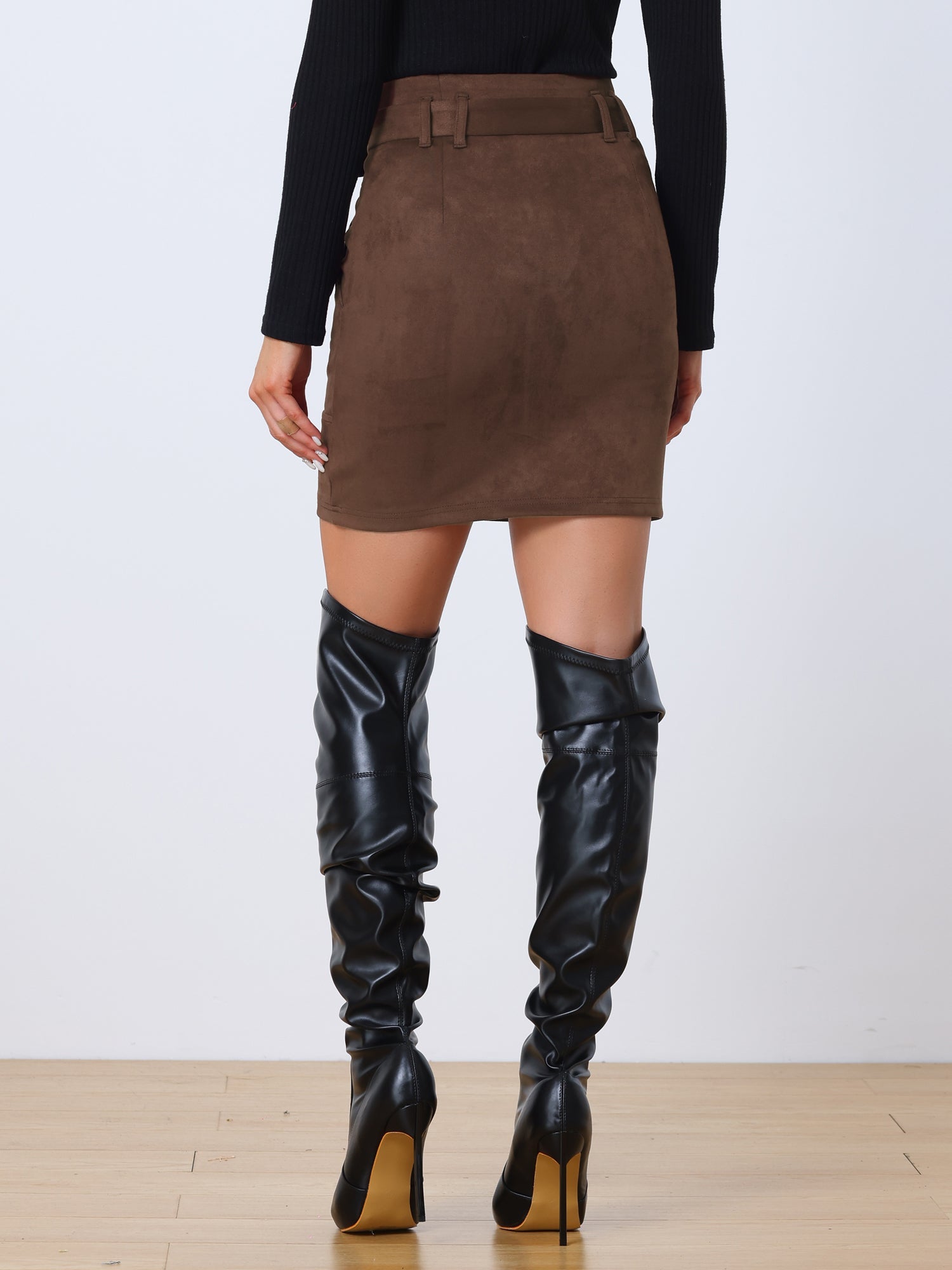 Faux Suede Casual High Waist Belted A-Line Mini Skirts