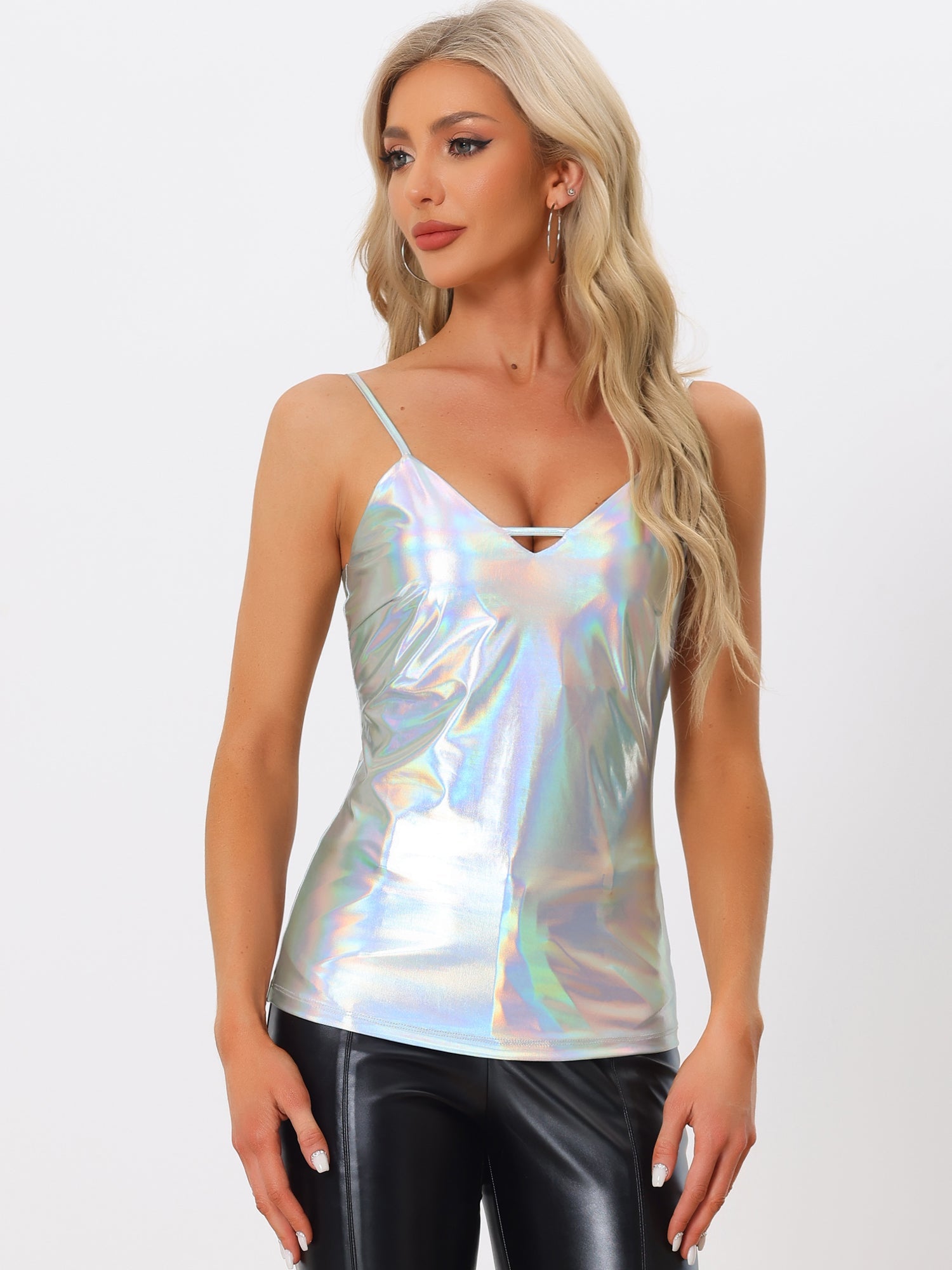 Metallic Shiny Party Tank Top Deep V Camisole Tops