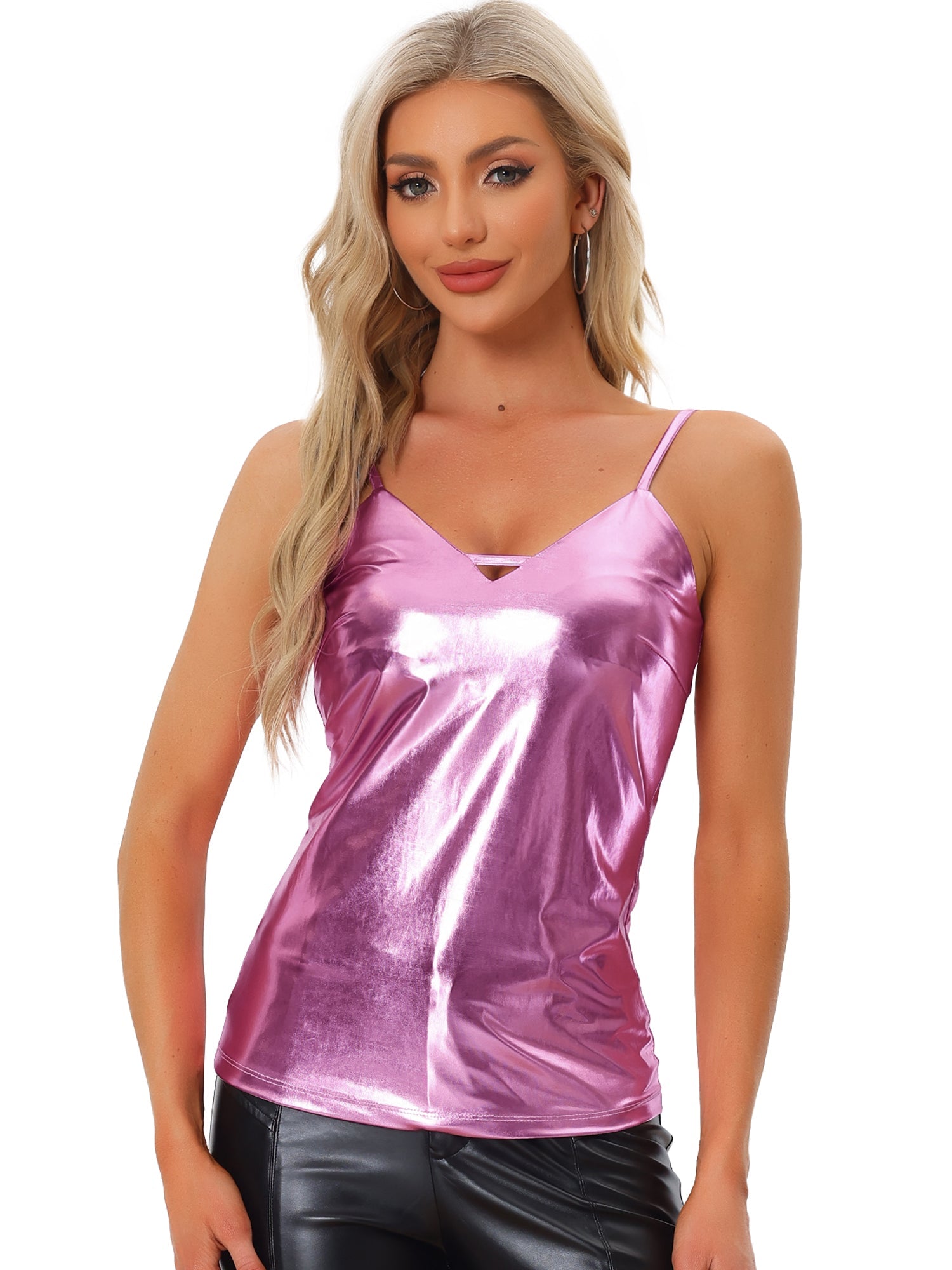 Metallic Shiny Party Tank Top Deep V Camisole Tops