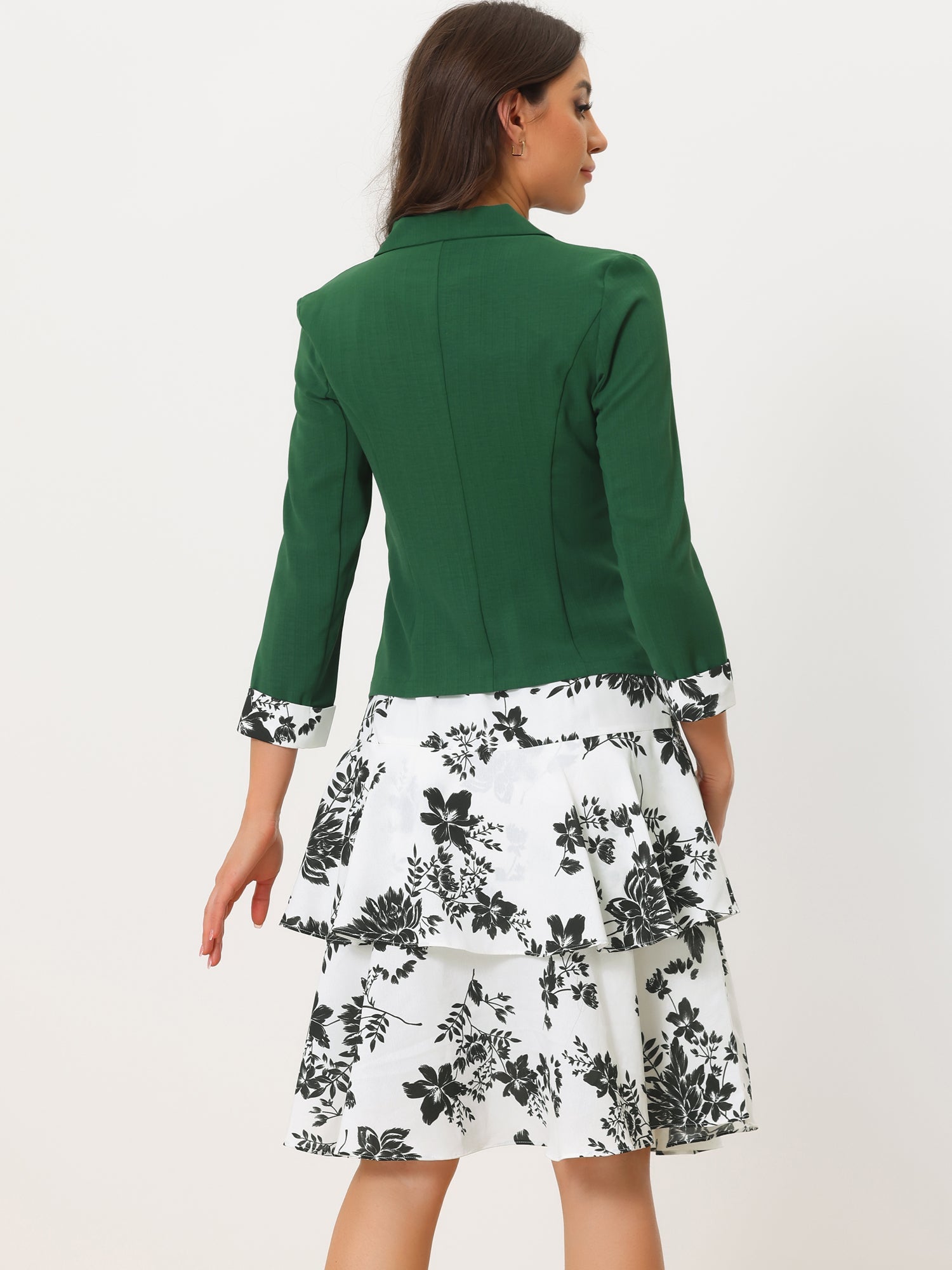 Work flower Print Contrast Panel 2pc Sets Chiffon V Neck Jacket Dress