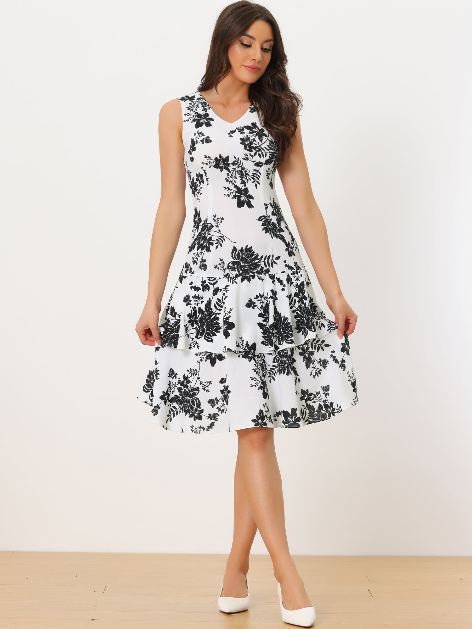 Work flower Print Contrast Panel 2pc Sets Chiffon V Neck Jacket Dress