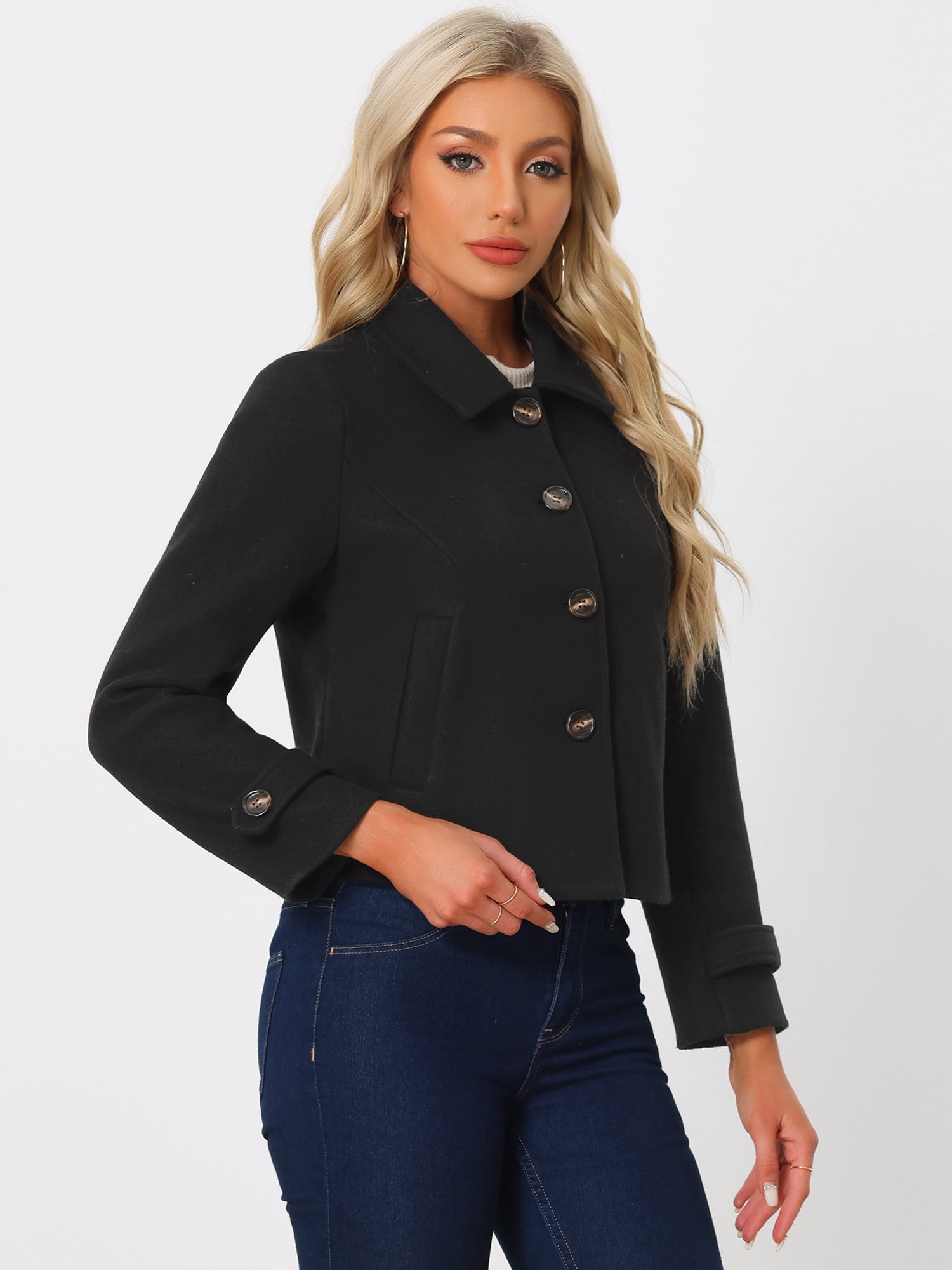 Turn Down Collar Long Sleeve Single Breasted Outwear Winter Pea Coat
