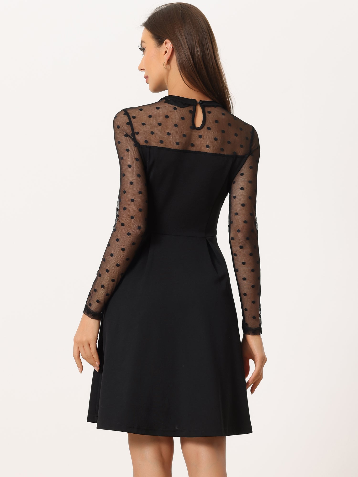 Party Heart Mesh Sheer Sleeve Crew Neck Skater Short Dress