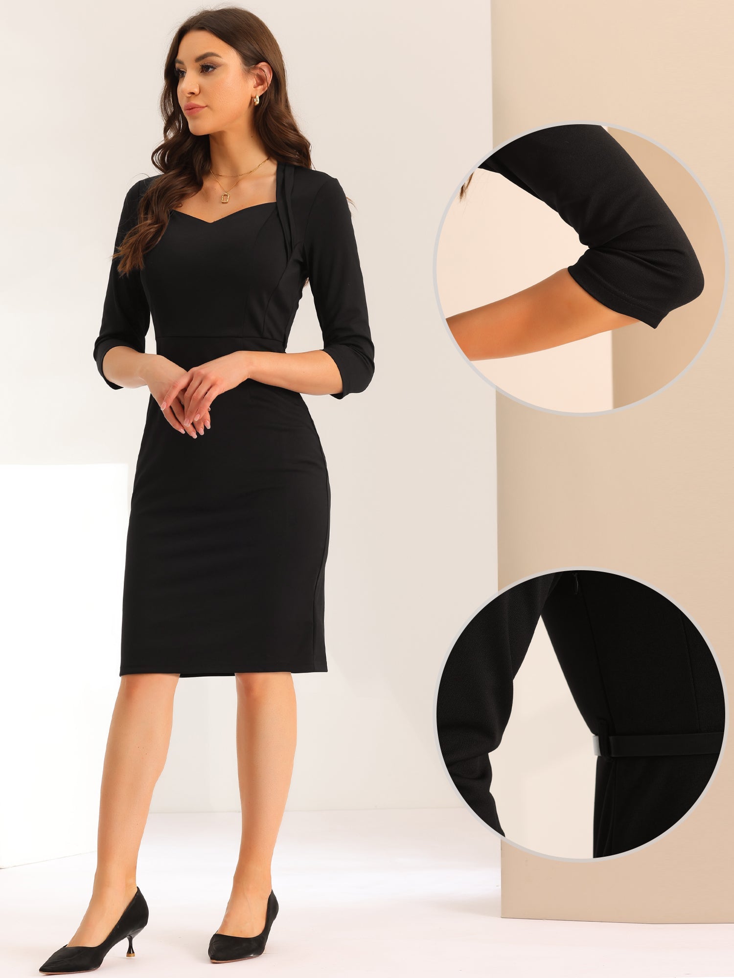 Work Office Dress 3/4 Sleeve Belted Sweetheart Neck Sheath Dress